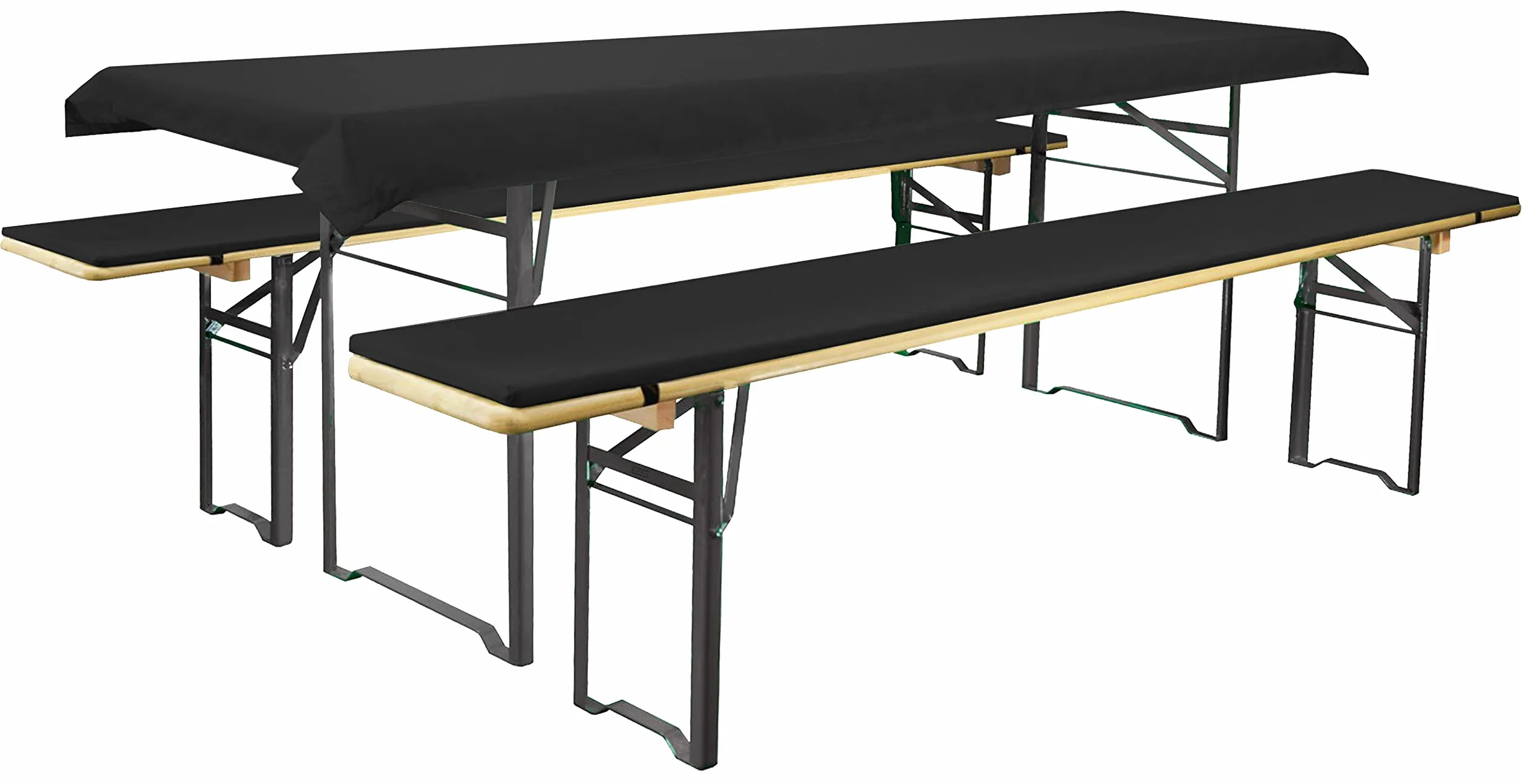 Brandsseller Zestaw nakładek na ławki piwne pasuje do powszechnie stosowanych stołów piwnych i ławek, 2 wyściełane poduszki na ławki, każda ok. 220 x 25 x 1,6 i 1 obrus 240 x 70 cm, kolor czarny