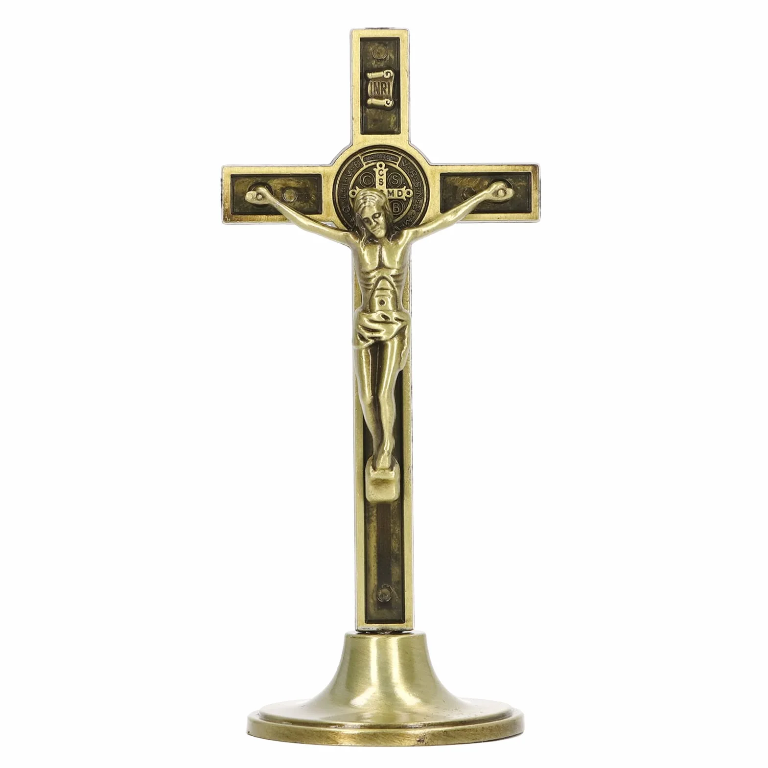Yosoo Health Gear pionowy metalowy krzyż katolicki na ścianie z odpinaną podstawą do domu, biura, kościołów, krzyż stojący lub montowany na religijnym chrześcijańskim ołtarzu, Kolor miedzi