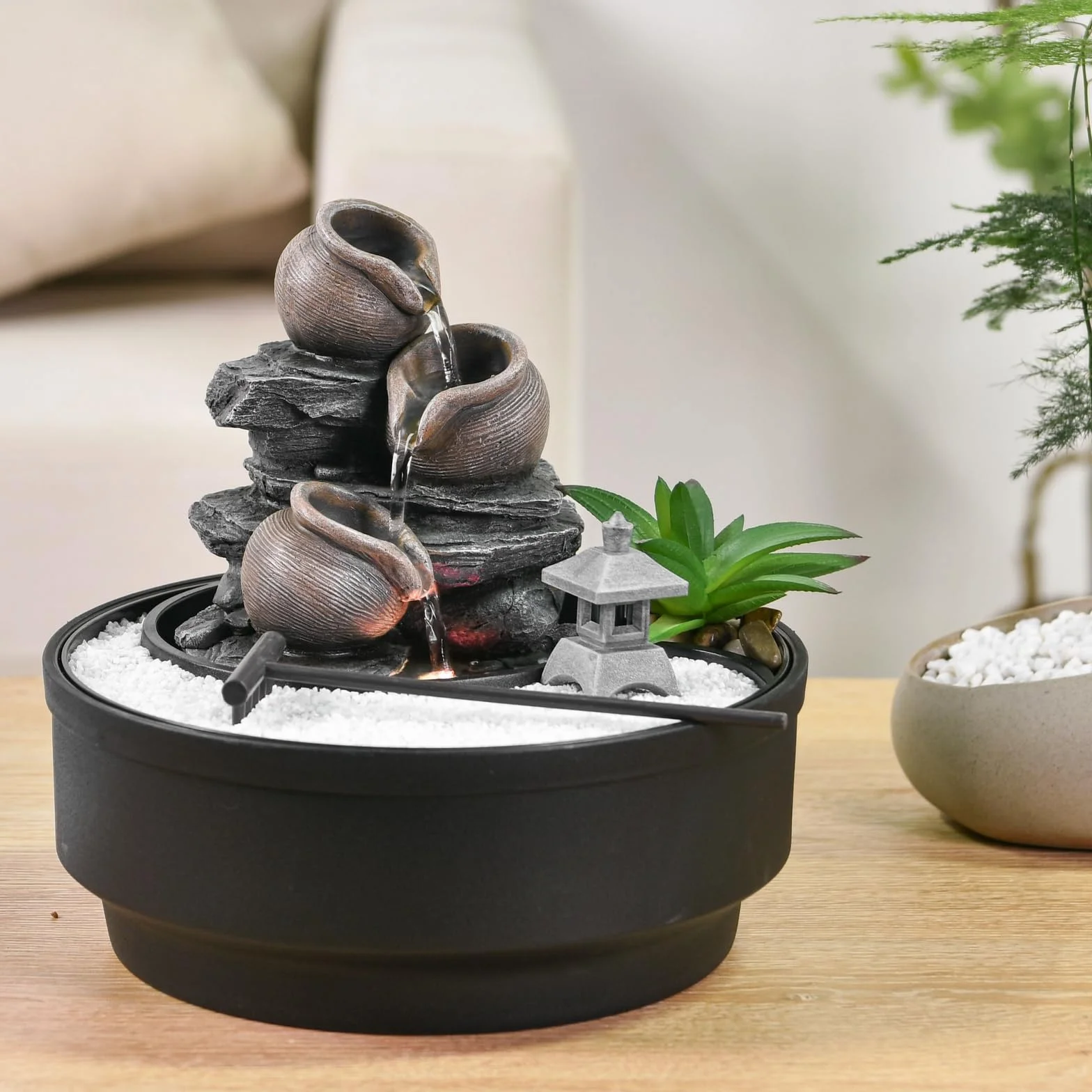 Fontanna ogrodowa Zen, fontanna wodospadowa, kolorowe światło LED, relaksująca dekoracja nastrojowa, ogród Zen biały piasek, fontanna stołowa zamknięta obwód, H21 cm - Oasis Zen'Light