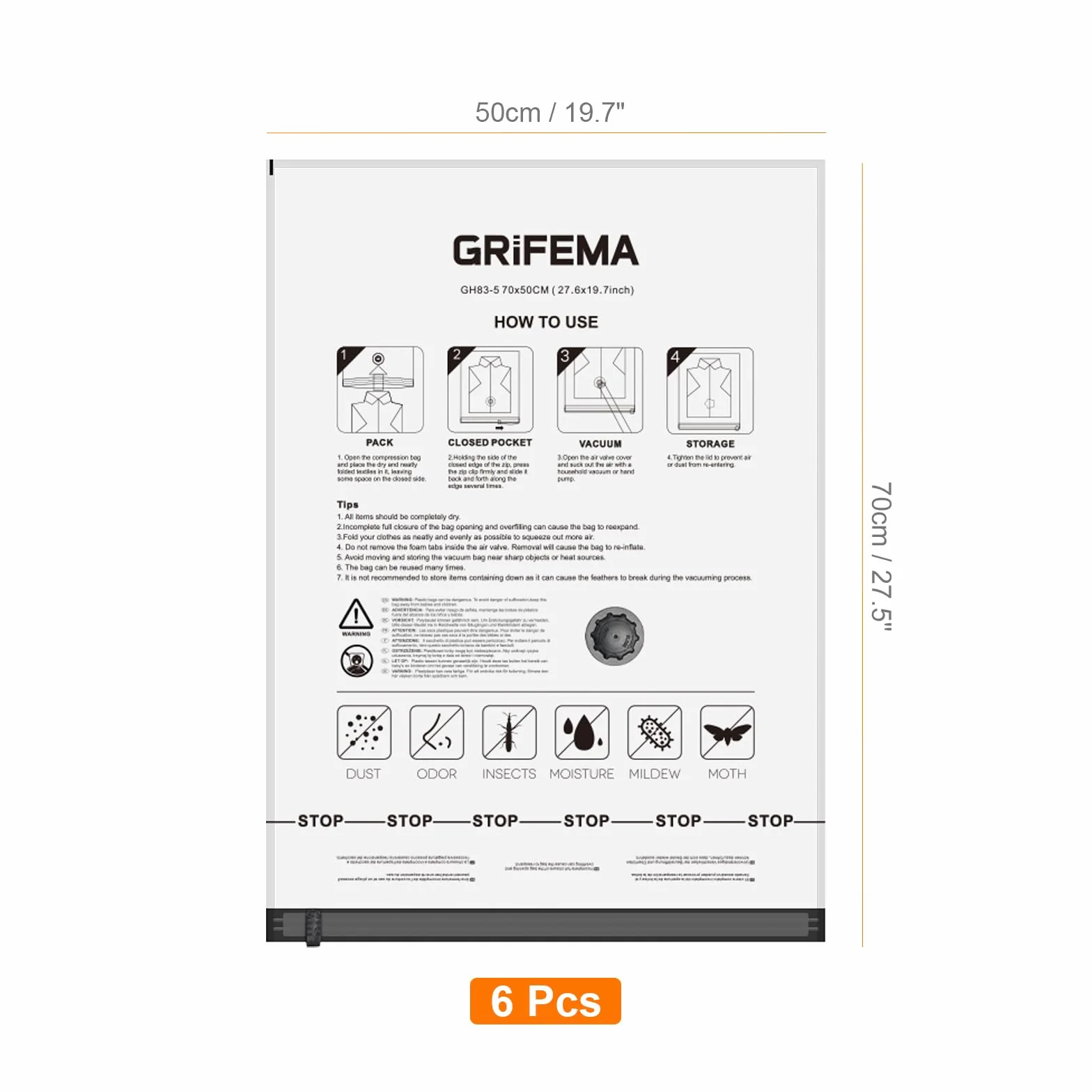 GRIFEMA 6 sztuk worków próżniowych do przechowywania (70x50 cm) – oszczędność miejsca dla pościeli, kołder, koców i podróży, wielokrotnego użytku worki próżniowe na ubrania, GH83-5