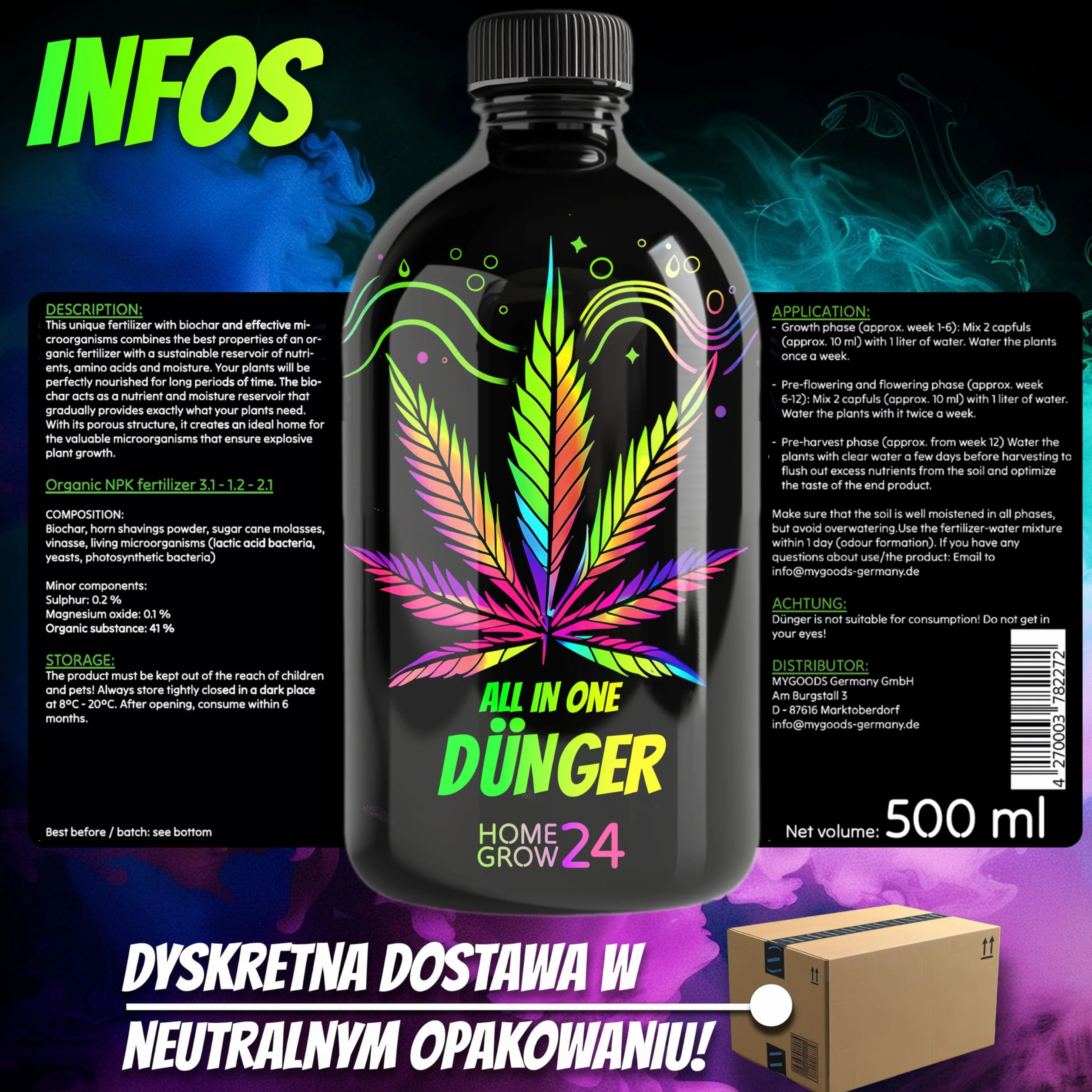 Homegrow24 Nawóz do Konopi w Uprawie Wewnętrznej i Zewnętrznej dla Roślin Konopi w Fazie Wzrostu i Kwitnienia BIOlogical Organic Grow & Bloom Hemp Fertiliser I Zestaw Startowy