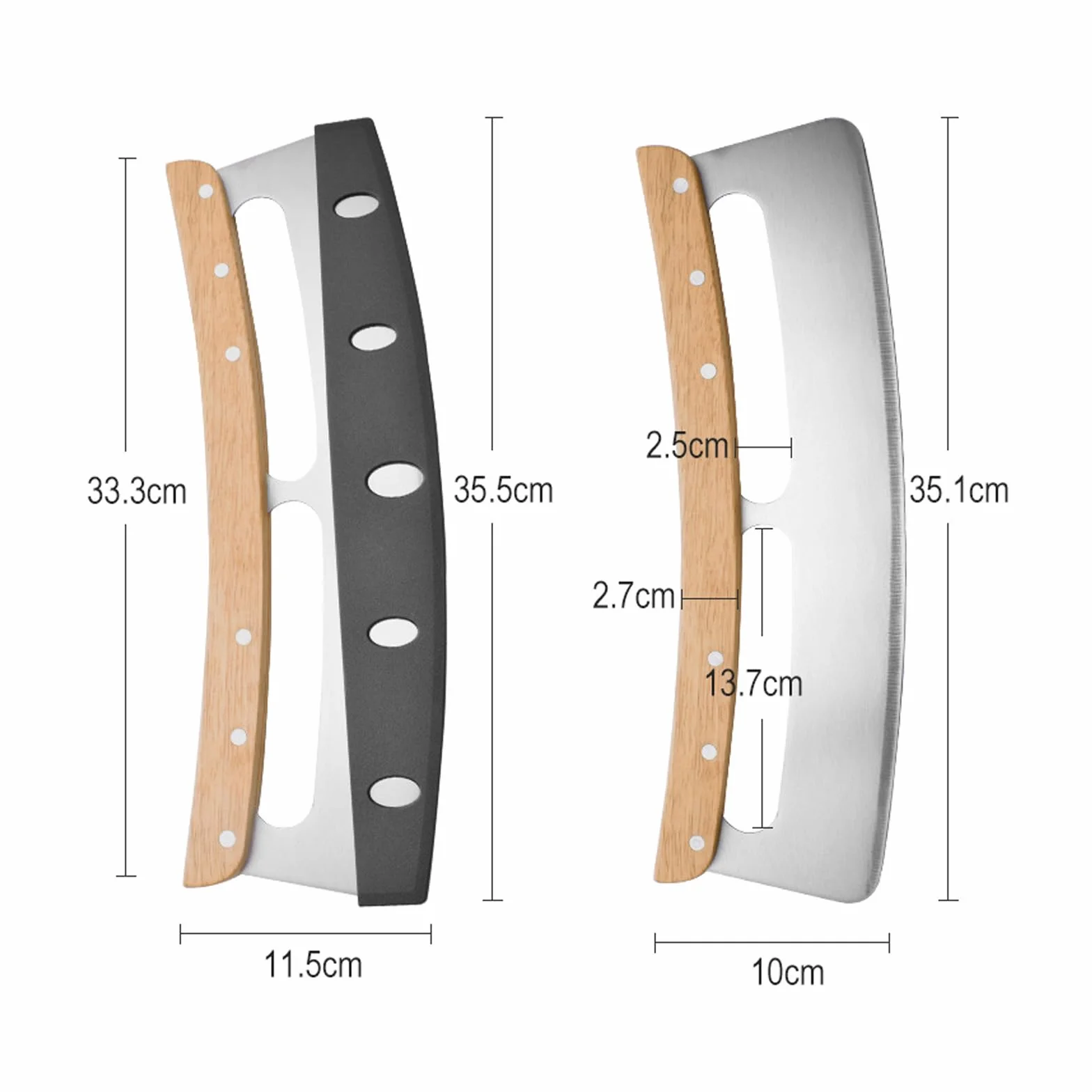 Nóż do pizzy ze stali nierdzewnej 32 cm, duży nóż kołyskowy z drewnianą rączką