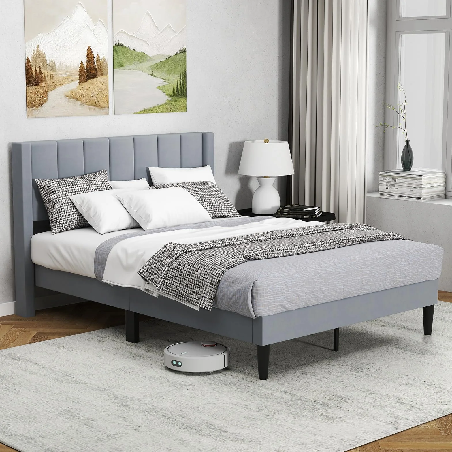 COSTWAY Rama łóżka na materac 200 x 140 cm, tapicerowany stelaż łóżka dwuosobowego, łóżko z podnóżkiem z zagłówkiem, drewniana podpora, regulowane podkładki pod stopy, kolor szary (Model I,L)
