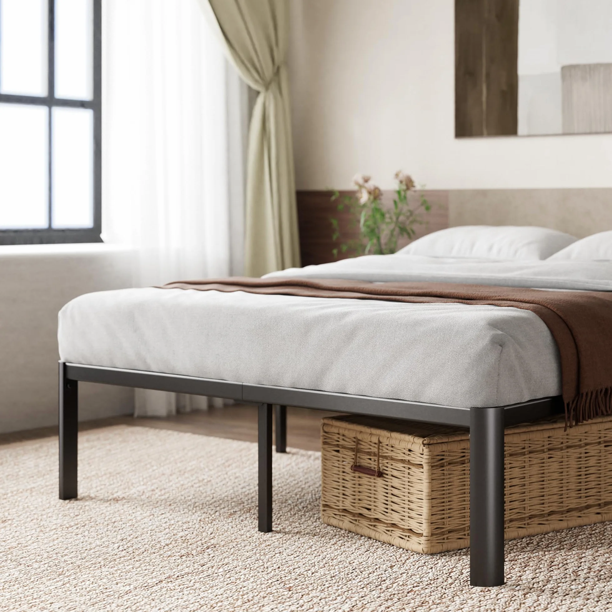 Zinus Van łóżko 140 x 190 cm, wysokość ramy łóżka 41 cm z miejscem do przechowywania pod łóżkiem, metalowa rama łóżka na platformie - czarne
