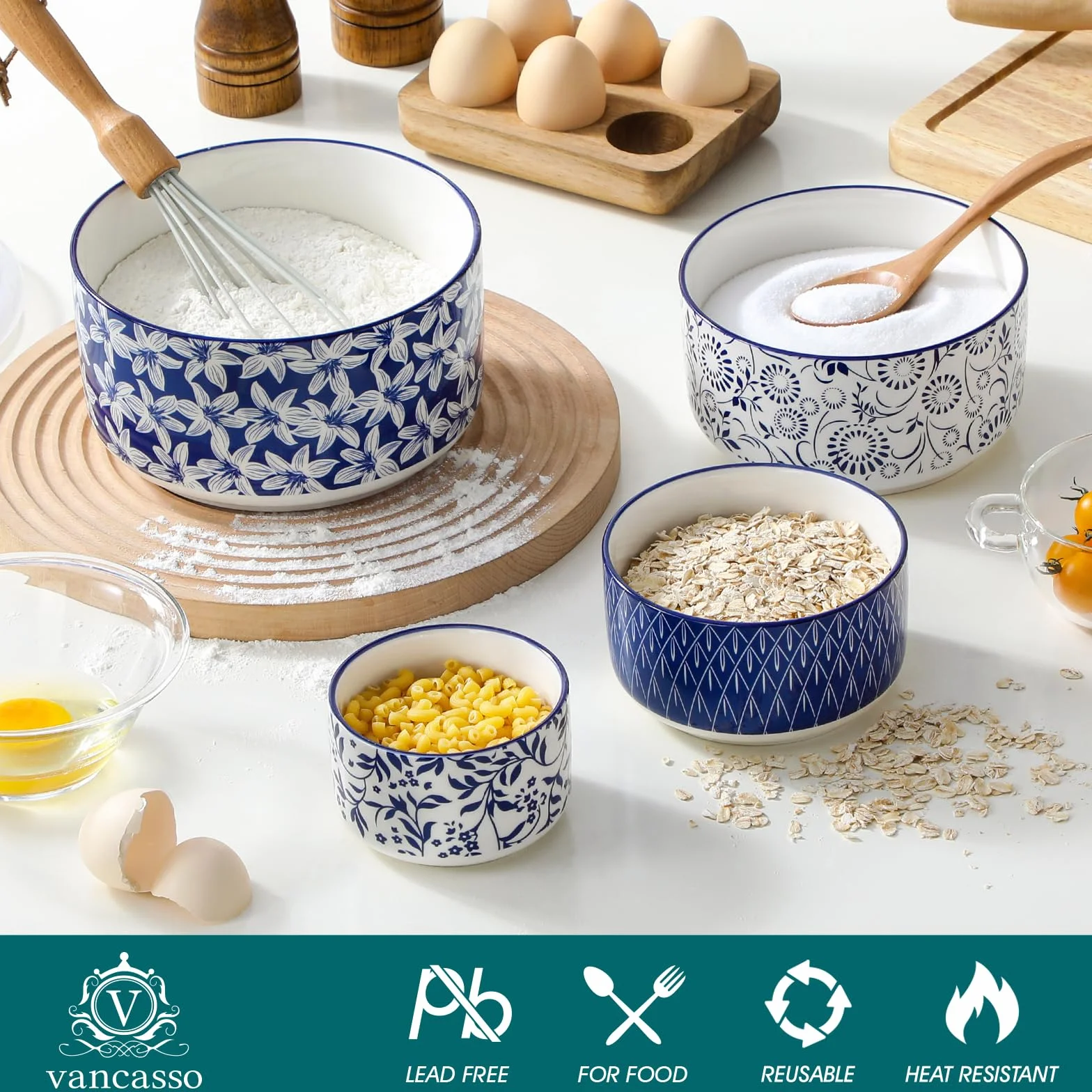 Vancasso miska do sałaty z pokrywką 4-częściowa ceramiczna niebiesko-biała