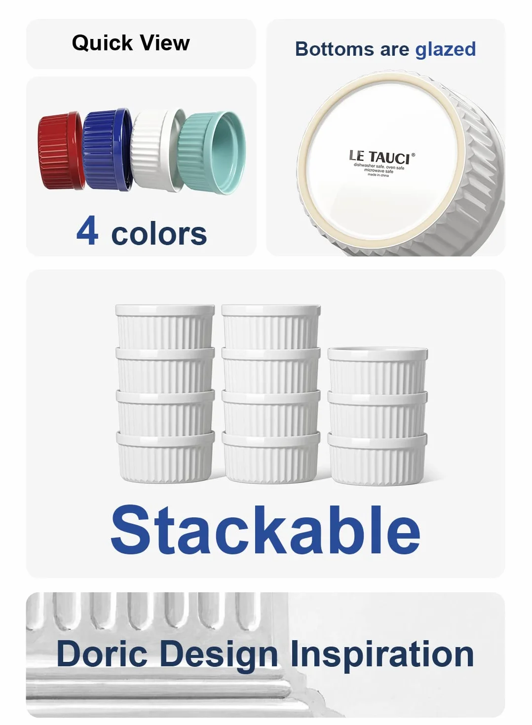 LE TAUCI Ramekiny, 20 ml słoików na żywność, Ramekin Set for Creme Brulee, Custard Cups, Set of 6, Oven Safe, Oyster White