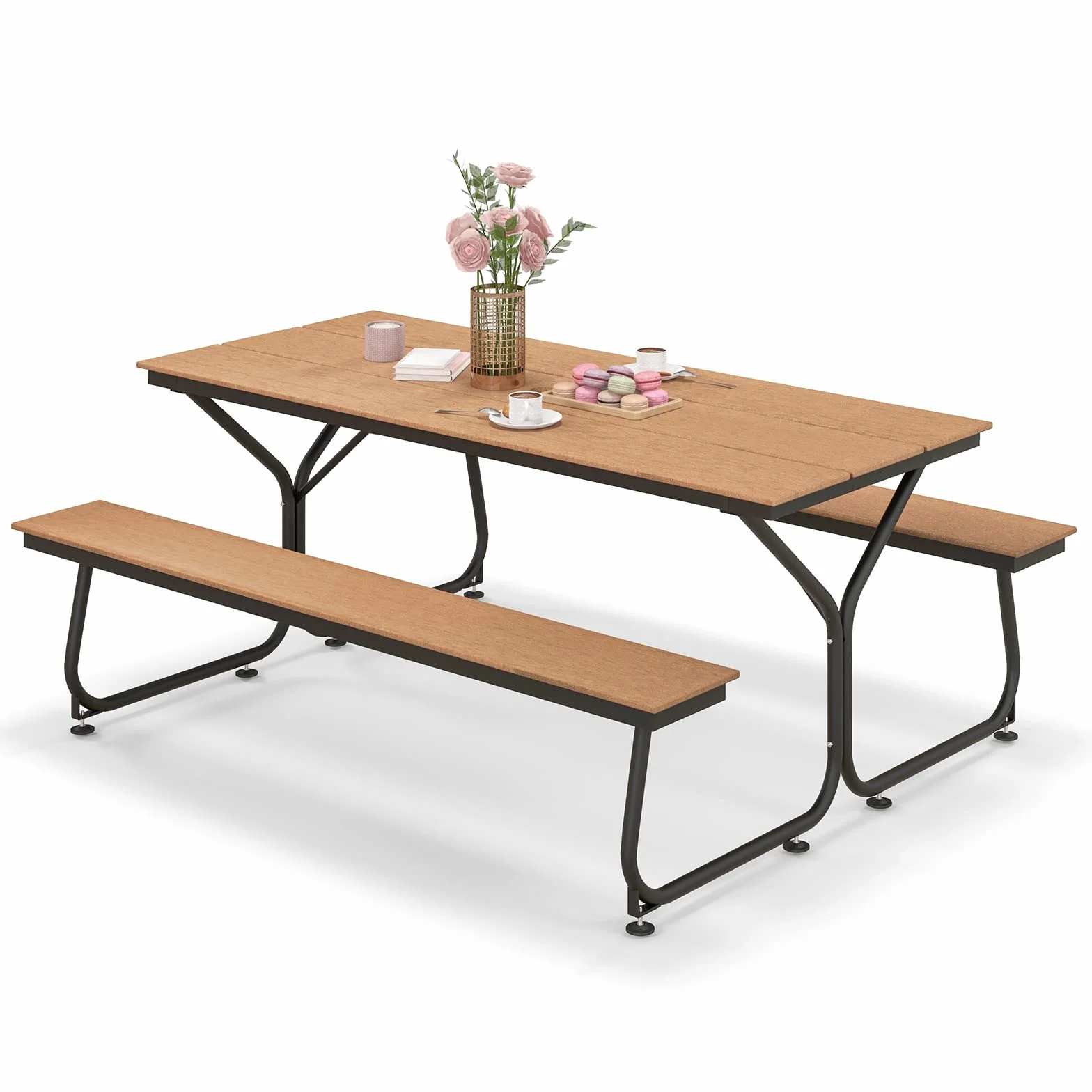 COSTWAY Zestaw do namiotu piwnego 183 cm, stół piwny o wyglądzie drewna, stół piwny z blatem HDPE, otworem na parasol i metalową ramą, zestaw mebli do siedzenia do ogrodu, na taras, podwórko (brązowy)