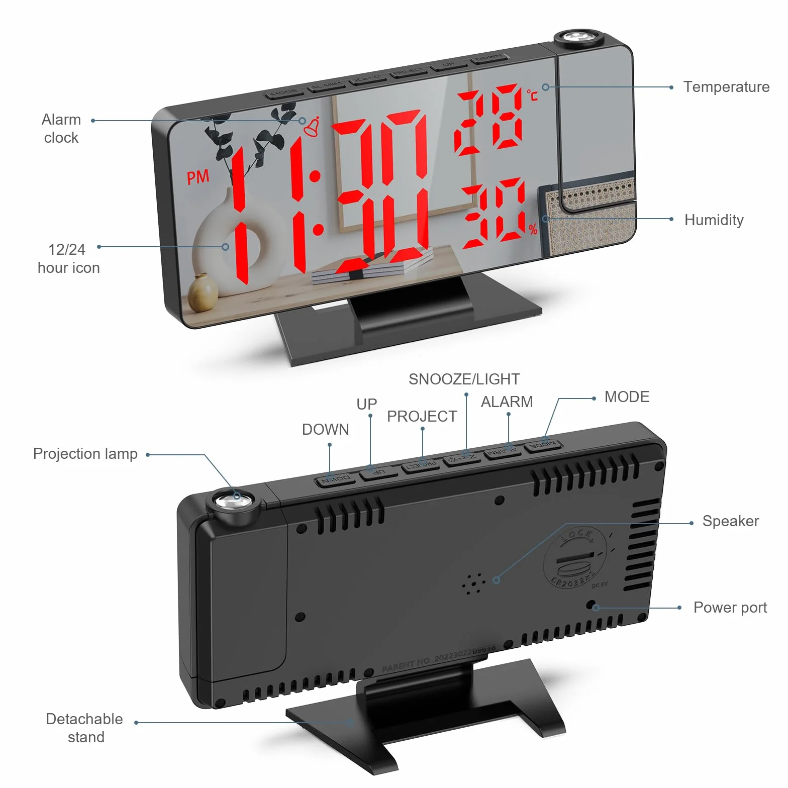 Cyfrowy budzik z projektorem, temperatura i wilgotność, zegar LED, elektroniczny zegar stołowy, budzik podróżny, regulowana jasność, wyświetlacz 12/24h, zegar cyfrowy do domu, sypialni, biura