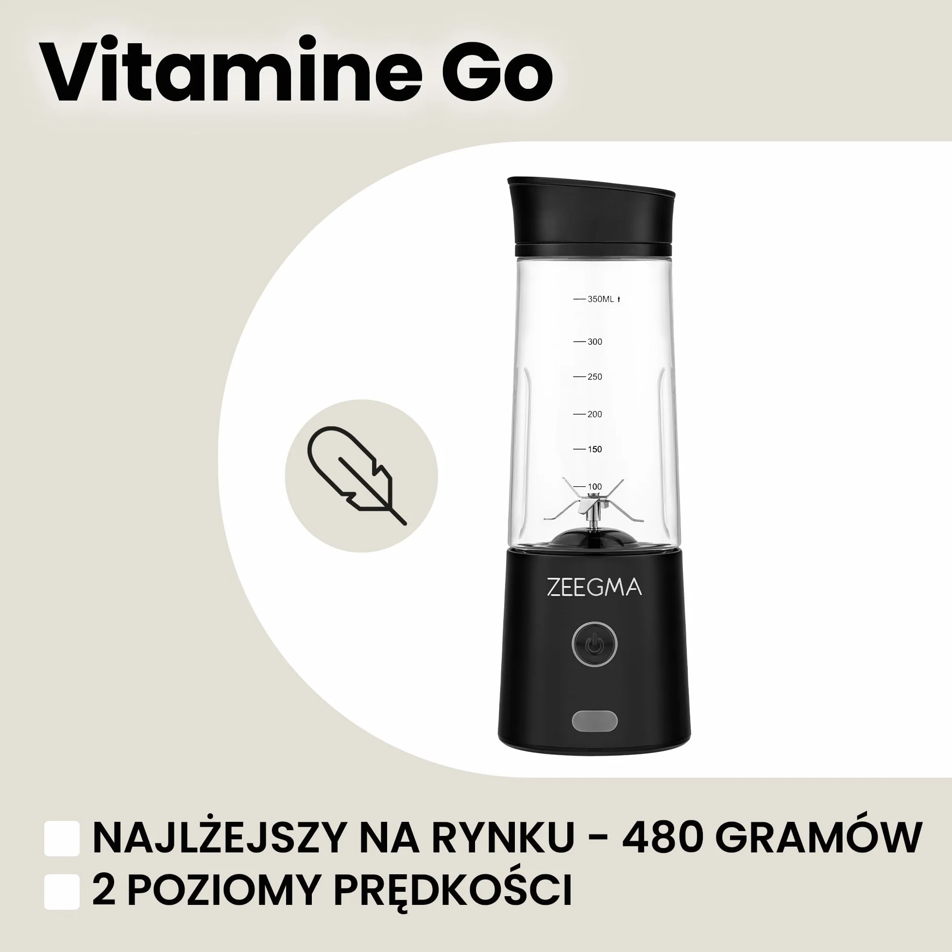 ZEEGMA VITAMINE GO Przenośny Blender do Koktajli i Smoothie 300W, Osobisty Mikser, Mini Blender 450 ml z 6 ostrzami, 2 Prędkości Bateria 5000 maH, 25 użyć na jednym naładowaniu (Czarny)