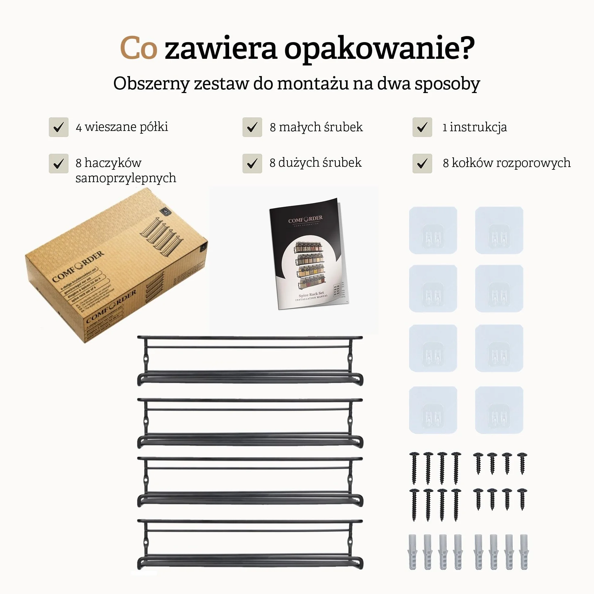 comforder Regał ścienny na przyprawy 4 wiszący metalowy na 24 słoiki 29x6x6 cm Czarny