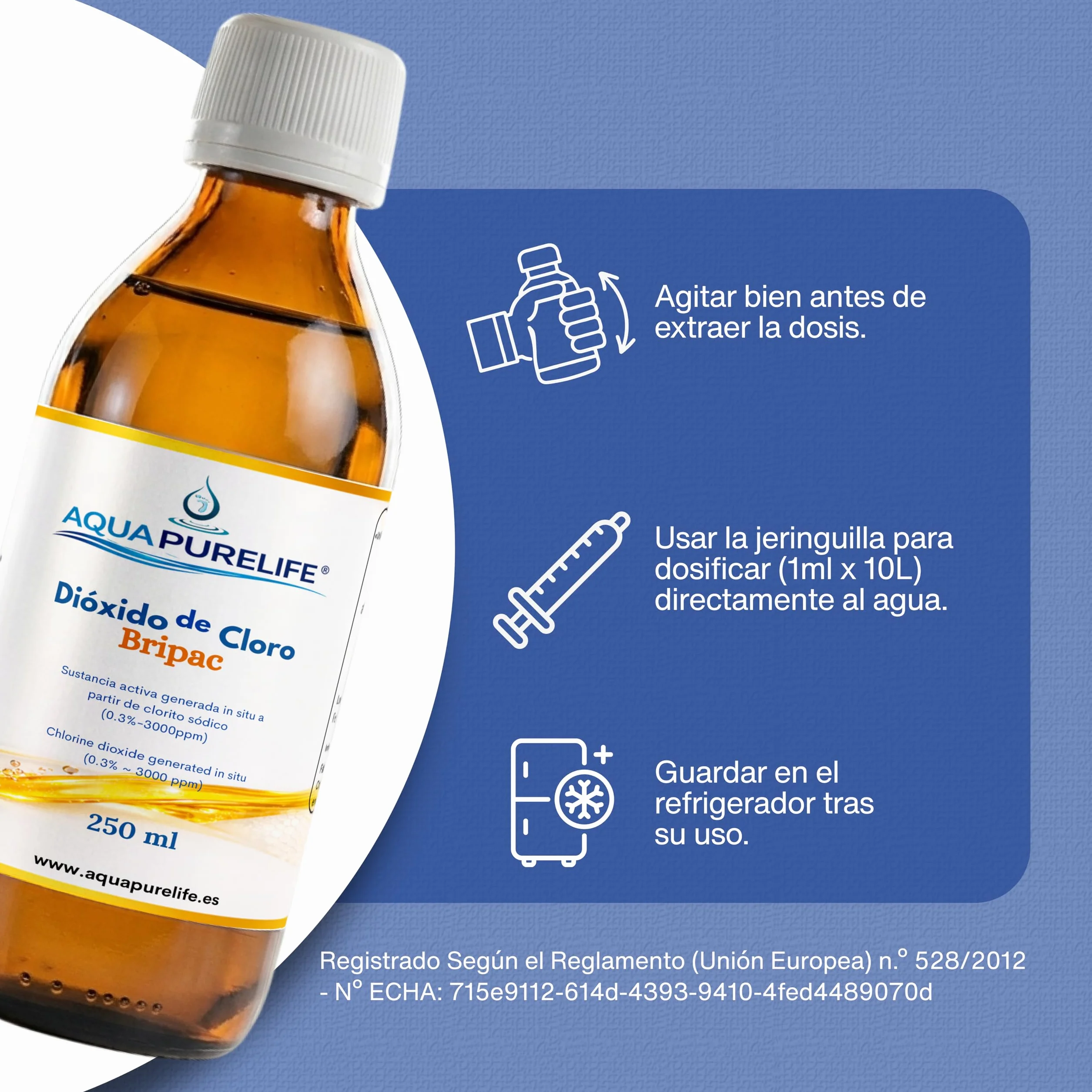 DWUTLENEK CHLORU 250 ml - 3000 ppm | CDS – Aktywowany 0,3% | najłatwiejszy sposób użycia i bez odpadów, najnowsza produkcja AQUAPURELIFE® i najlepszy pojemnik ze szkła oranżowego, większa ochrona