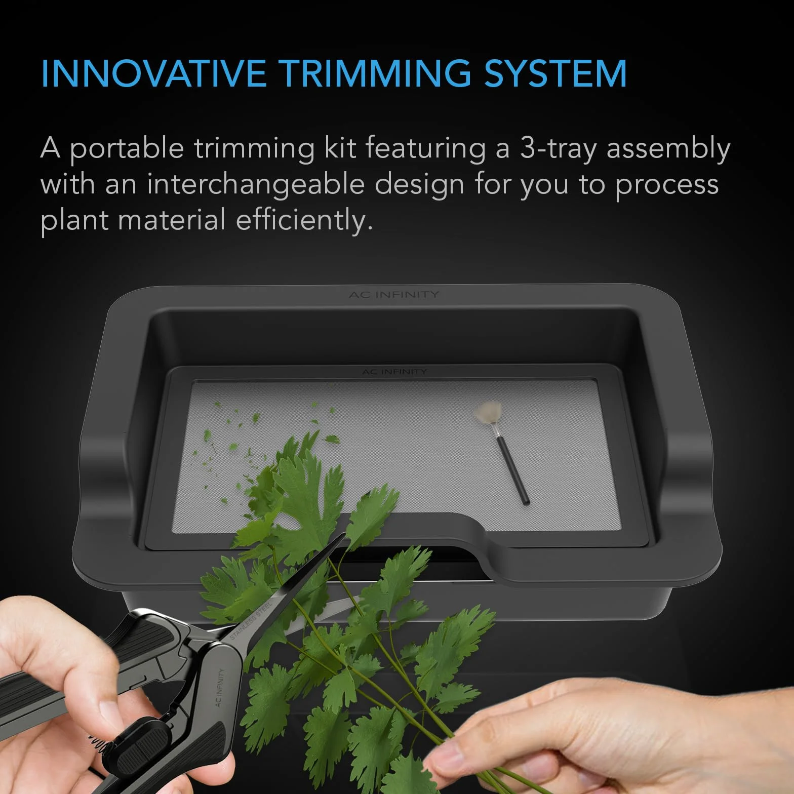 AC Infinity Zestaw Trim Tray duży – taca do trymowania 50 cm z 3 wymiennymi miseczkami i 2 sitkami, ergonomiczna konstrukcja do pracy przy stole lub na kolanach, do zbierania liści i pyłków