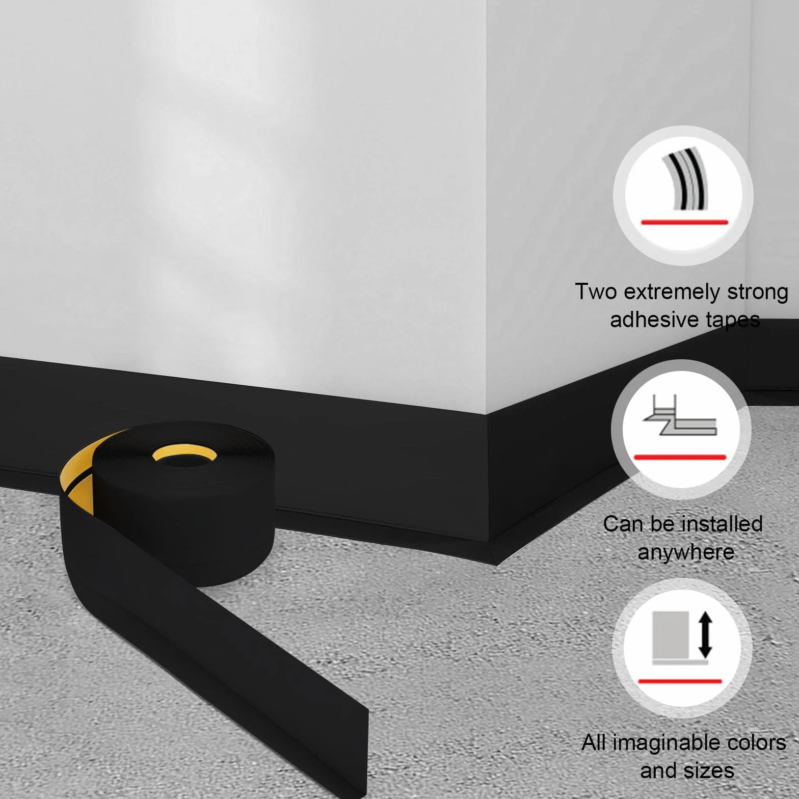 Listwa przypodłogowa, 60 mm x 20 mm x 10 m elastyczna listwa przypodłogowa z PCW, wodoodporna, odporna na zabrudzenia i pleśń, odpowiednia do łazienki i kuchni (czarna)