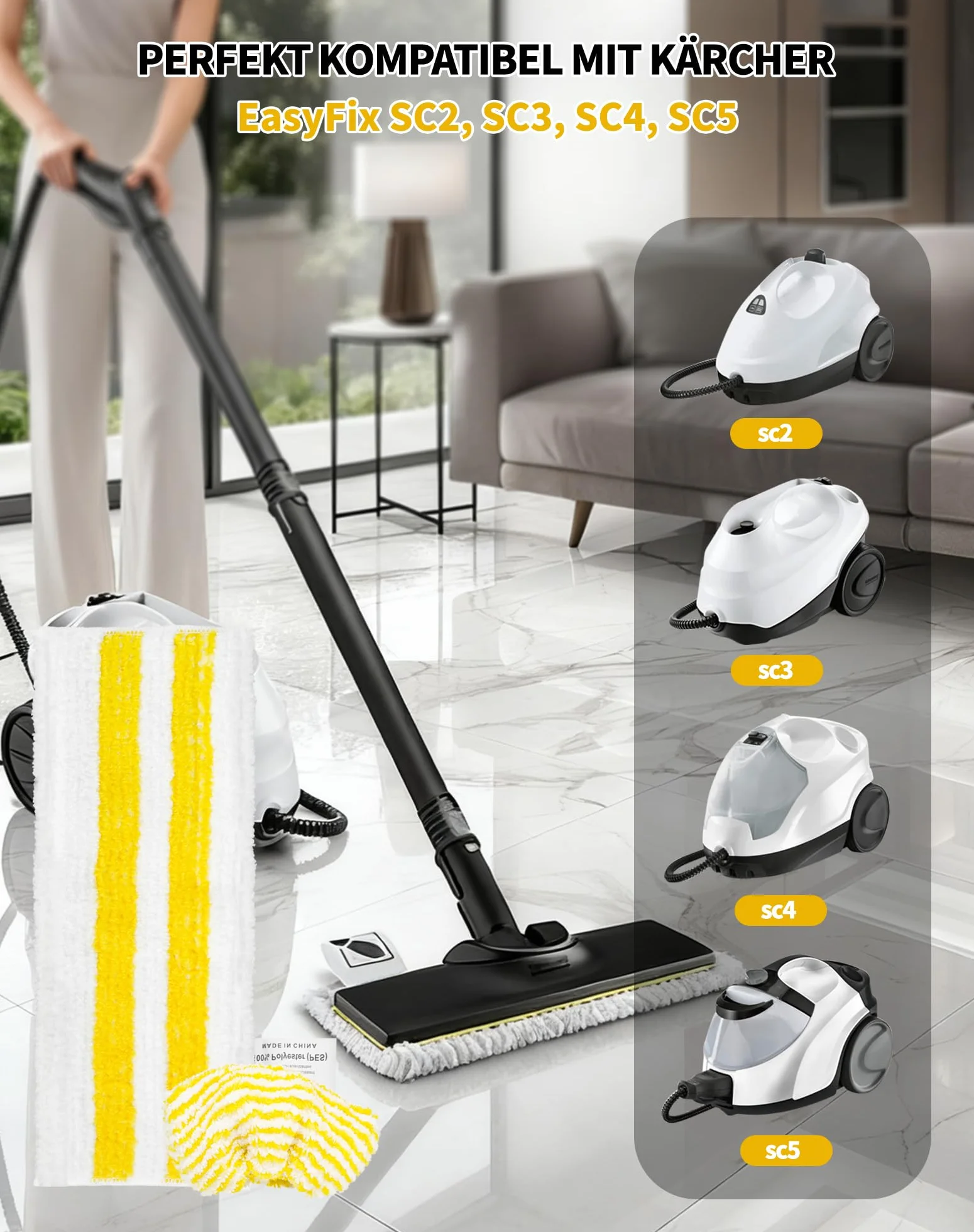 7 sztuk akcesoriów do myjki parowej Kärcher EasyFix SC2 SC3 SC4 SC5 – w zestawie 5 ściereczek podłogowych i 2 pokrowce na wycieraczki z mikrofibry do serii Kärcher EasyFix