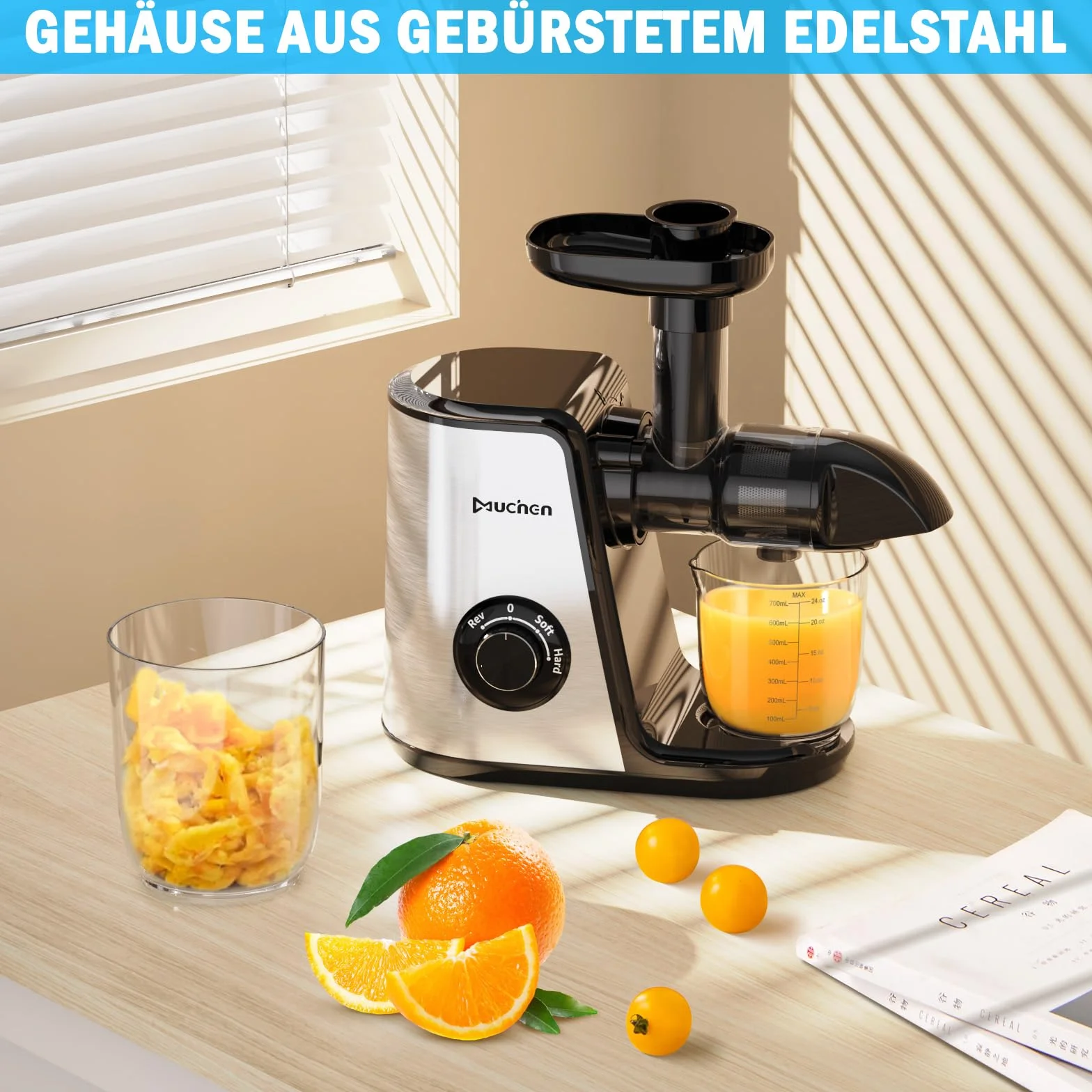 Muchen Slow Juicer sokowirówka do owoców i warzyw, cichy silnik, łatwe czyszczenie z funkcją żucia wstecznego, 150 W, ze stali nierdzewnej, kolor czarny, srebrny, w zestawie książka z przepisami
