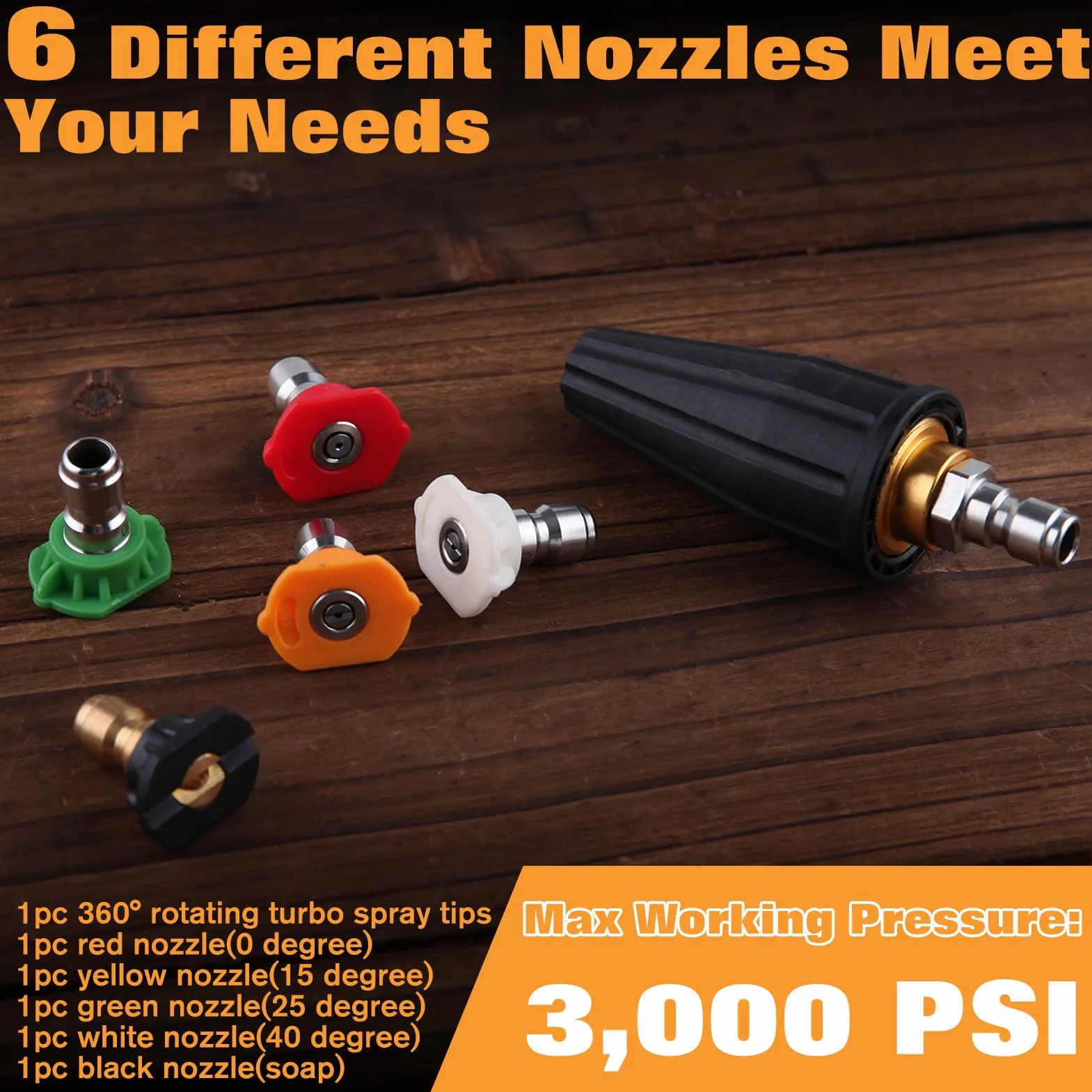 LEONTOOL Obrotowa obracana o 360° dysza turbo do myjki wysokociśnieniowej 3600 PSI z szybkim przyłączem 6,35 mm, wiele stopni 5 stopni (0,15, 25, 40, mydło) dysze do myjki wysokociśnieniowej do betonu
