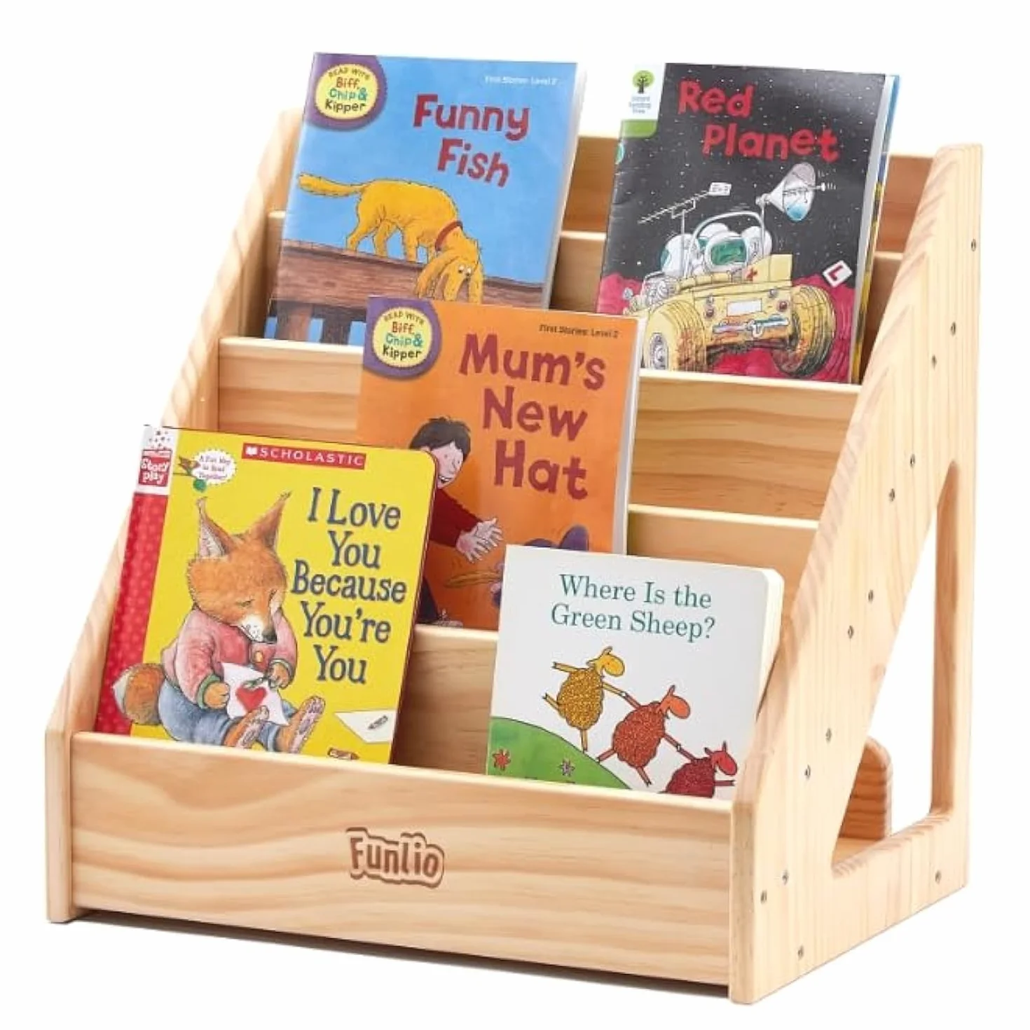 FUNLIO Montessori Regał dla dzieci w wieku 1–5 lat, przedni regał dziecięcy z uchwytem i urządzeniem zapobiegającym przechylaniu, regał sosnowy premium, regał na książki dla dzieci w klasie,