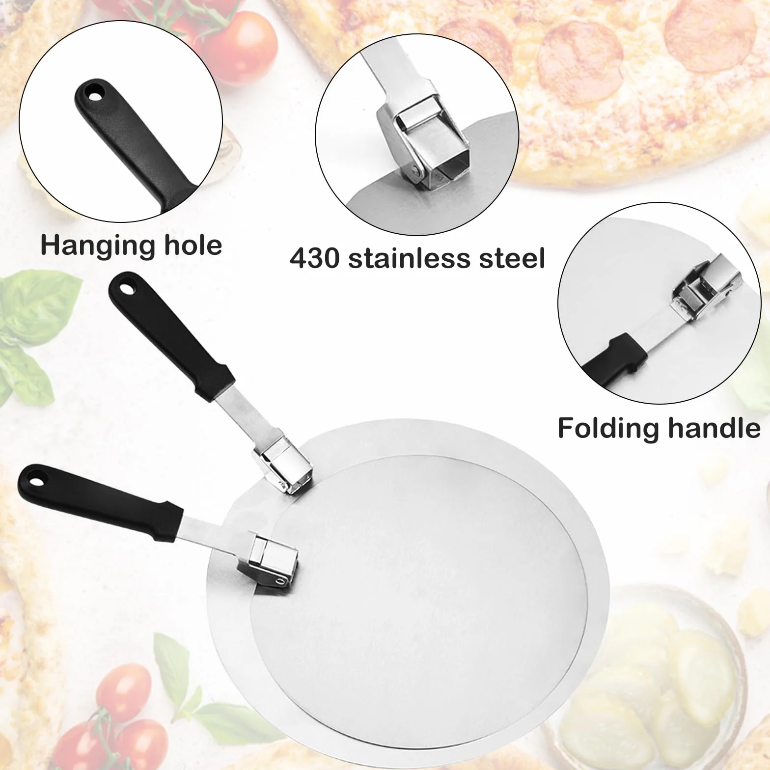 Łopatka do pizzy ze stali nierdzewnej, do grilla lub piekarnika, z praktycznym składanym uchwytem, okrągła łopatka do pizzy, 30,5 x 25,5 cm, do tarty i chleba