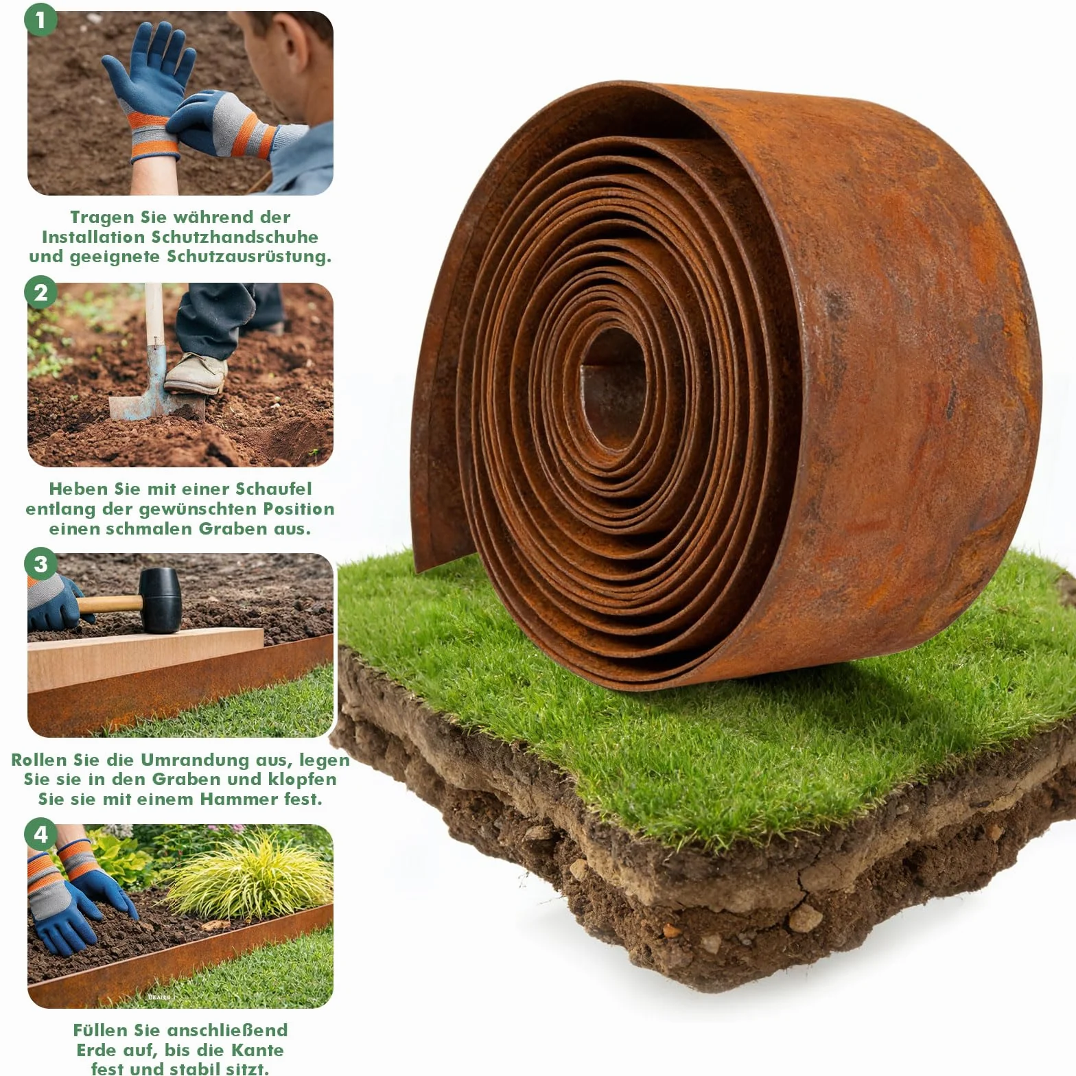 Krawędź trawnika ze stali Cortena, 10 m x 14 cm wysokości, krawędzie trawnika, stal Corten, elastyczne obramowanie rabatek, ruszt do zawężania grządek kwiatowych, ścieżek ogrodowych (10 m ×