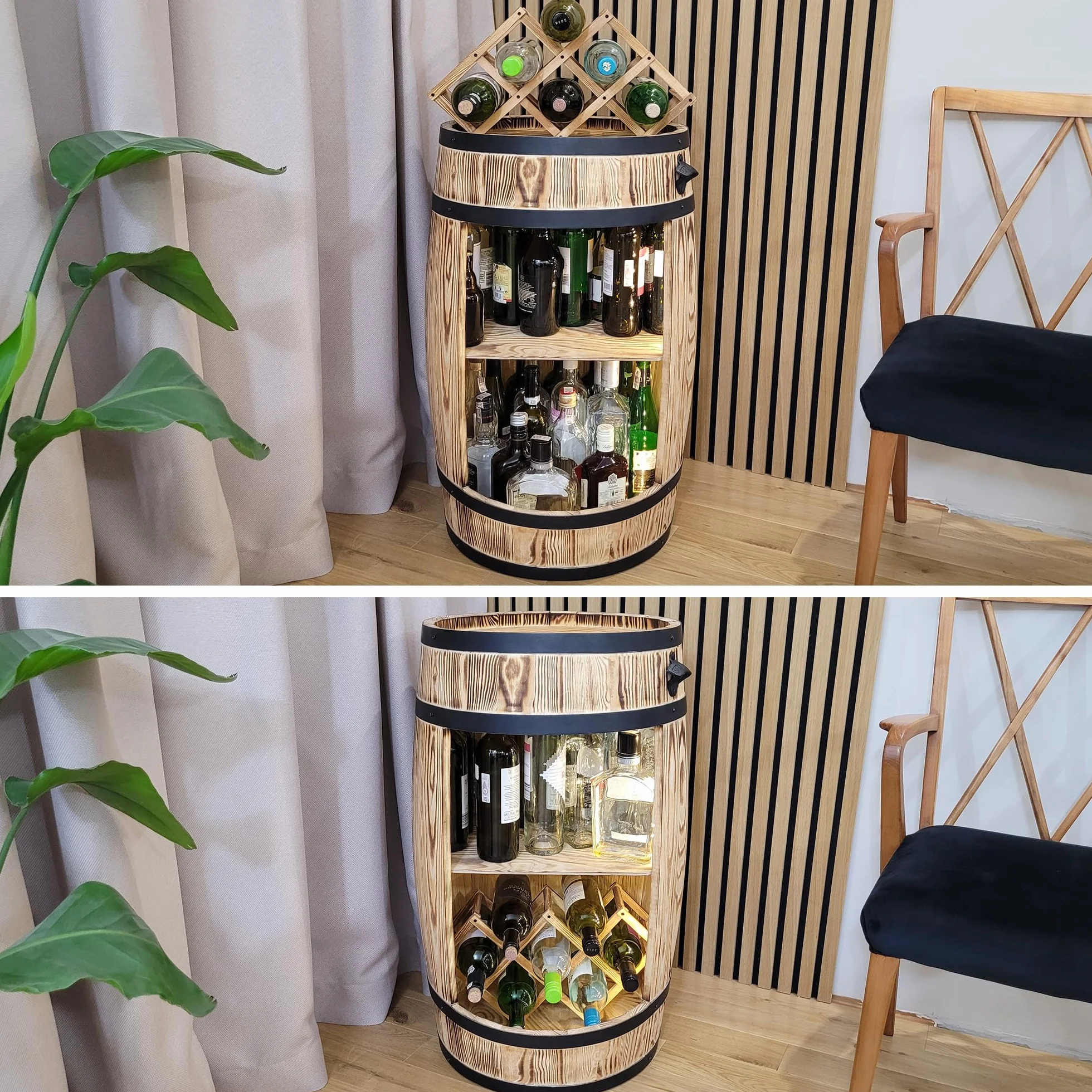weeco Drewniany regał na wino z lampkami LED i uchwytem na wino – drewniana beczka na szklanki i butelki – beczka – szafka na wino – zestaw upominkowy – stojak na wino 80 x 50 cm