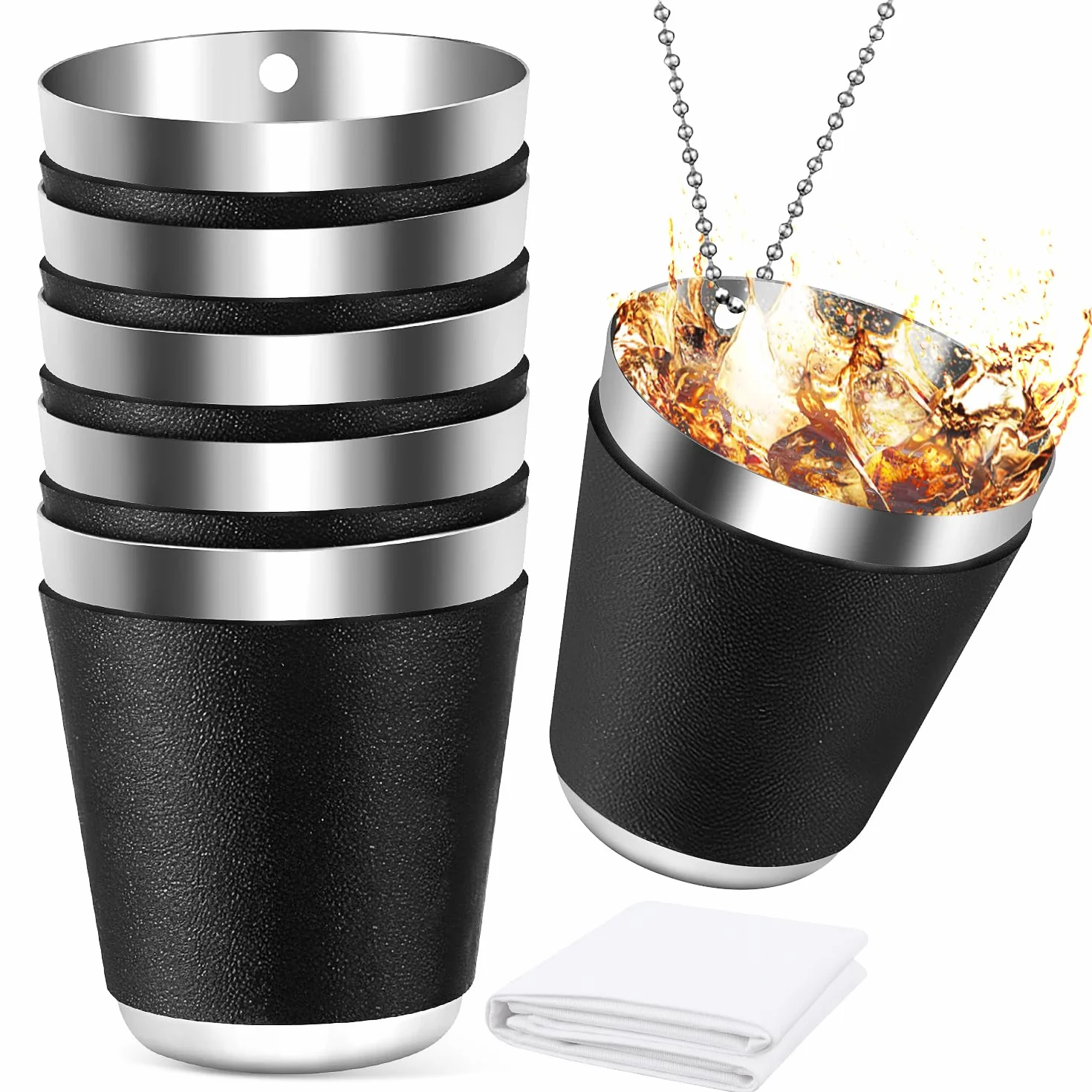 Kieliszki ze stali nierdzewnej, skórzanym etui, 6 sztuk, 30 ml, do układania w stosy, łańcuszek, piesze wycieczki, piknik, kemping, karnawałowe imprezy, weselne, wieczór