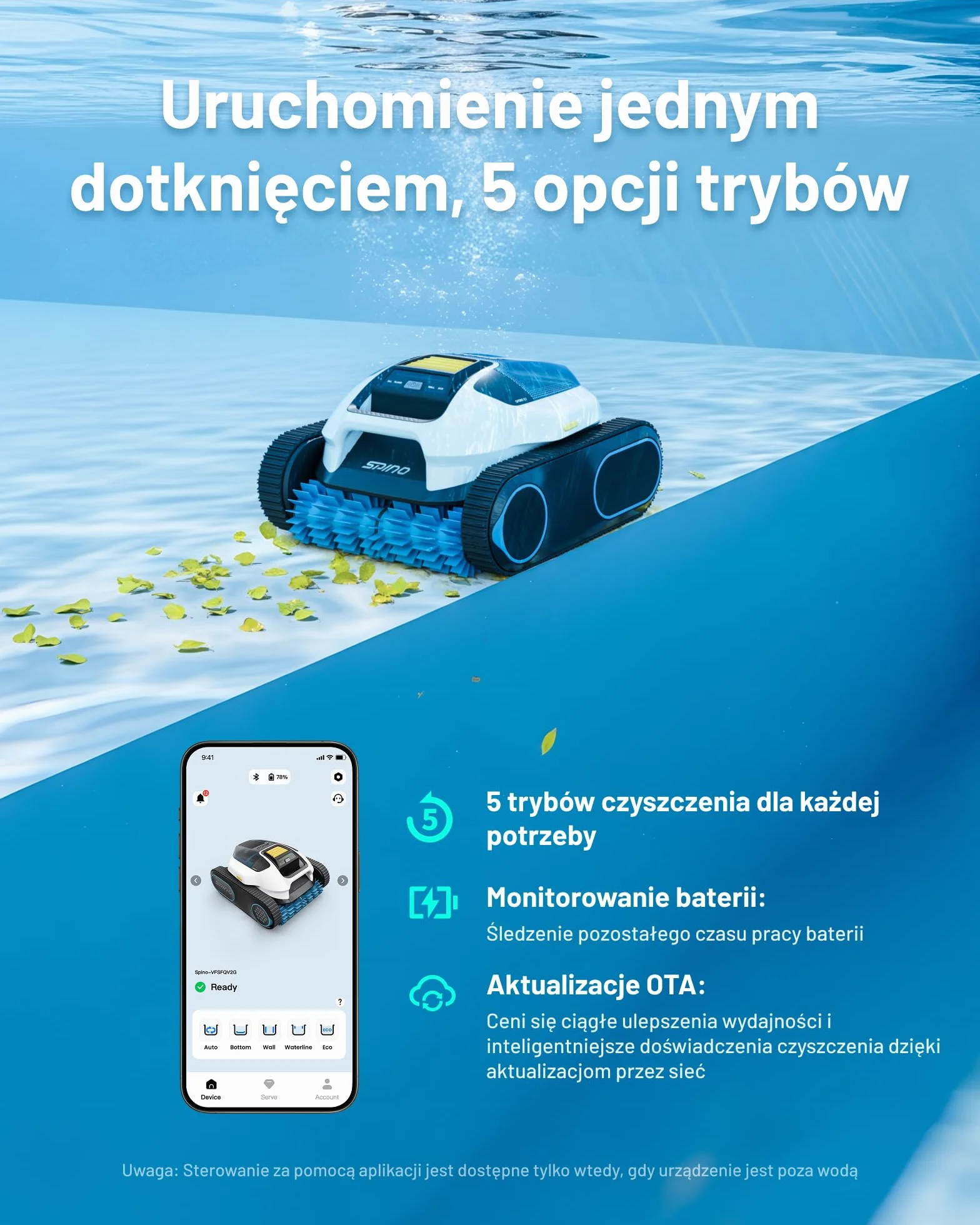 Bezprzewodowy robot basenowy SPINO E1, czas pracy 210 minut, wydajność 21950 l/h, 5 trybów pracy robota basenowego, czyszczenie ścian i linii wodnej, sterowanie aplikacją, ścieżka SmartArc
