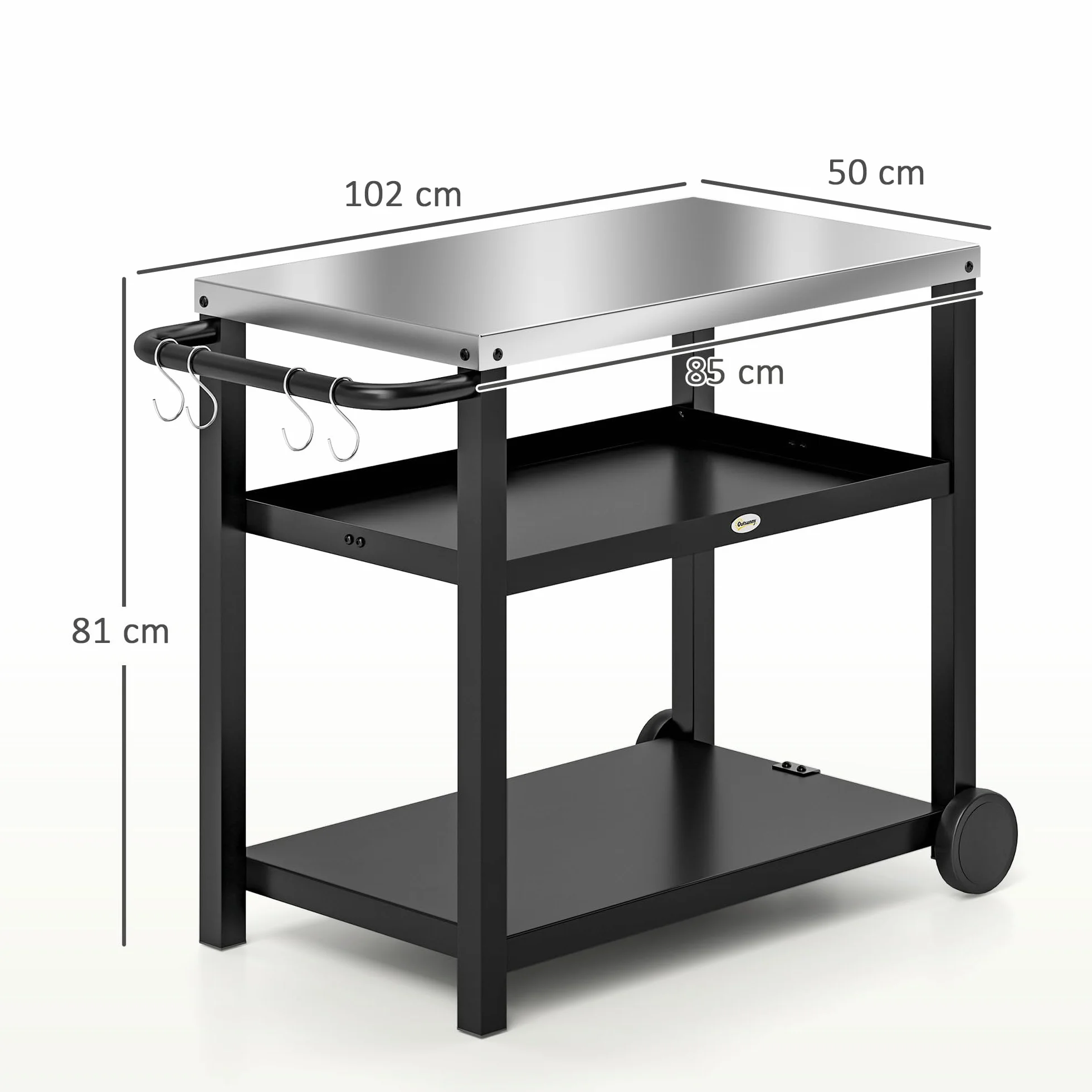 Outsunny Grill na kółkach, 3-poziomowy, wózek do serwowania z powierzchnią roboczą, półkami, hakami, kółkami, stal nierdzewna, stolik do grilla, stolik pomocniczy, wózek na kółkach do użytku na