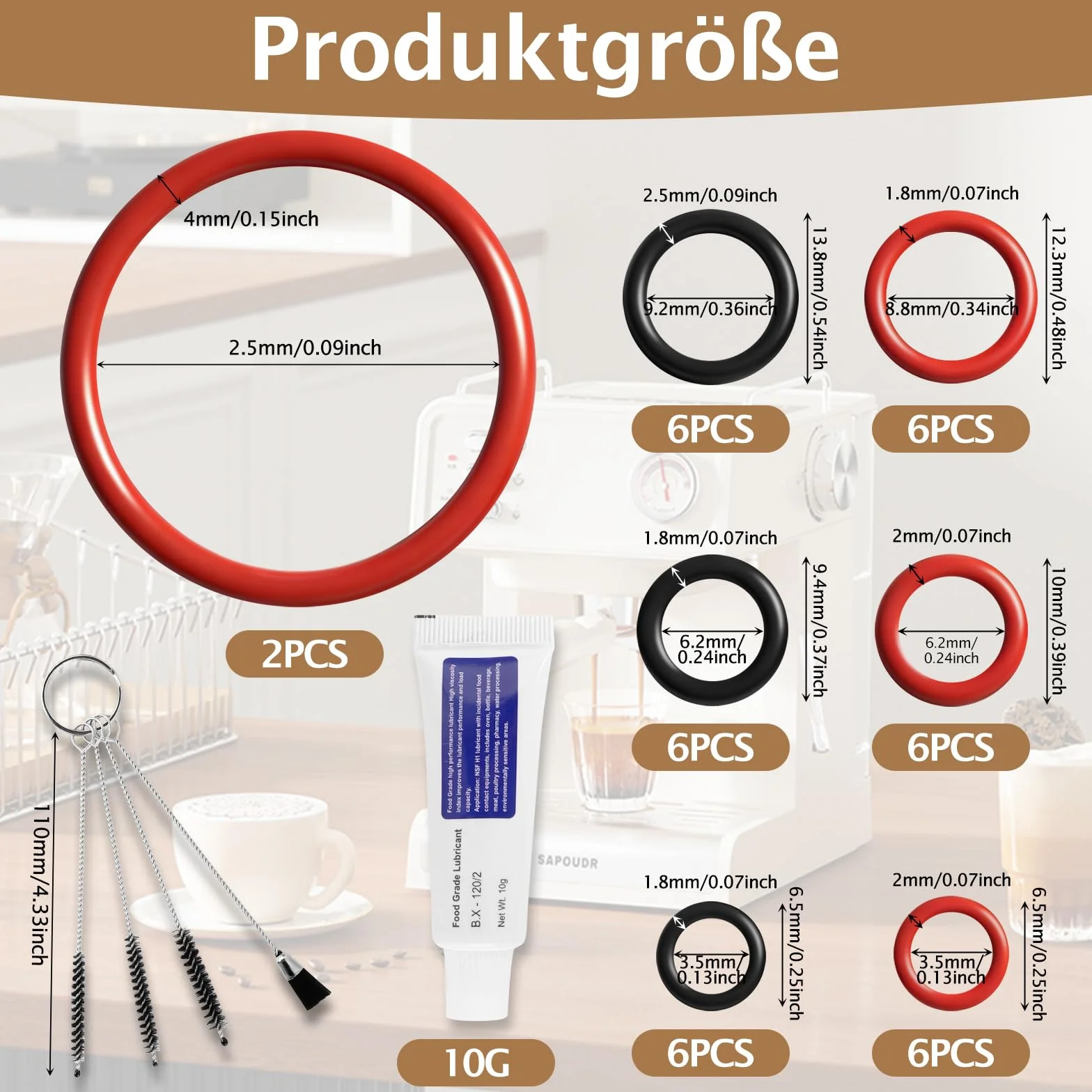 Zestaw uszczelek do Philips Saeco z 30 sztukami pierścieni uszczelniających, zestaw zaparzaczy, 10 g, smar silikonowy, przeznaczony do kontaktu z żywnością i zestaw szczotek do czyszczenia, kompletny