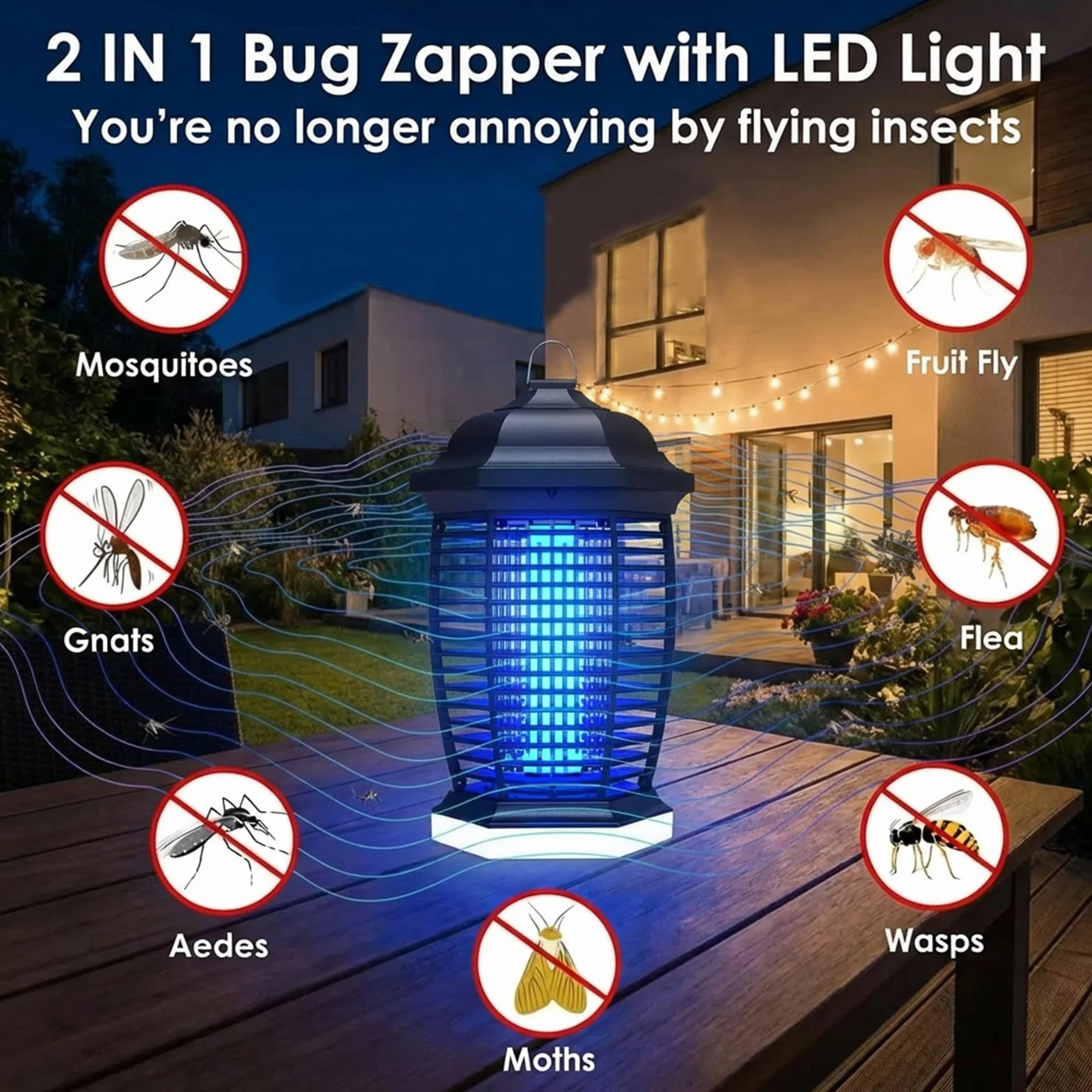 seenlast Elektryczna pułapka na owady, 4200 V, 15 W UV + 9 W LED, wodoszczelna, IPX4, do zastosowania wewnątrz i na zewnątrz (kabel 3 m)