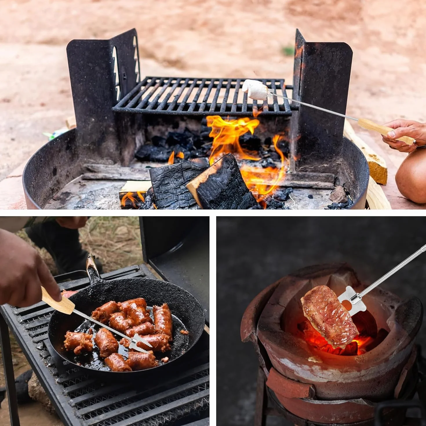 Rożen do grilla, widelec do grilla, rozsuwany, ze stali nierdzewnej, wysuwany uchwyt drewniany, z teleskopową rurą dmuchającą, widelec do grilla, wysuwany 81 cm, zestaw sztućców do grilla