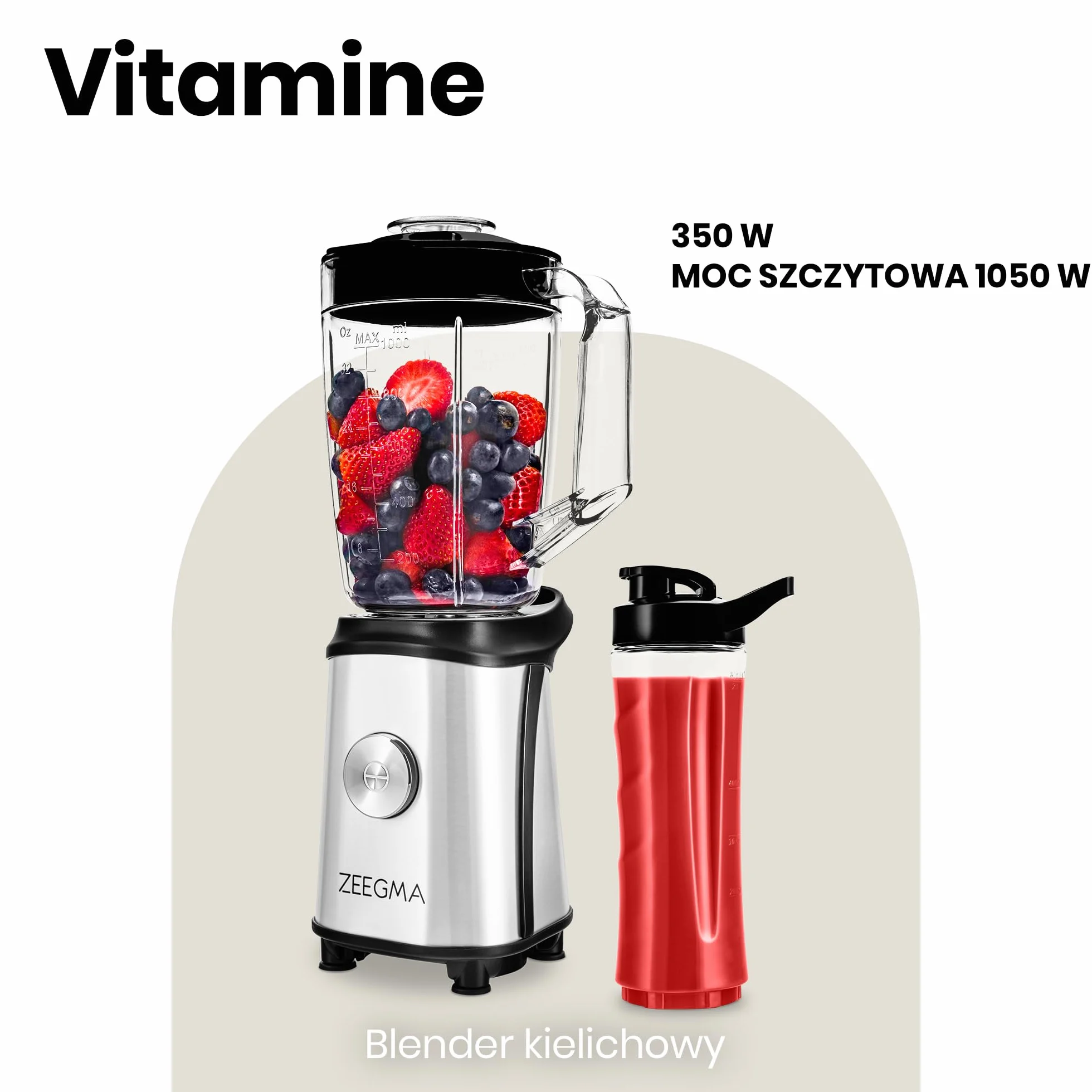 ZEEGMA Vitamine blender 4w1, mikser, młynek do kawy, silnik 1050W, dewa zestawy noży, duży kielich 1l, 2 bidony 600ml, metalowa obudowa, system ThermoFuse, tryb pulsacyjny, BPA free