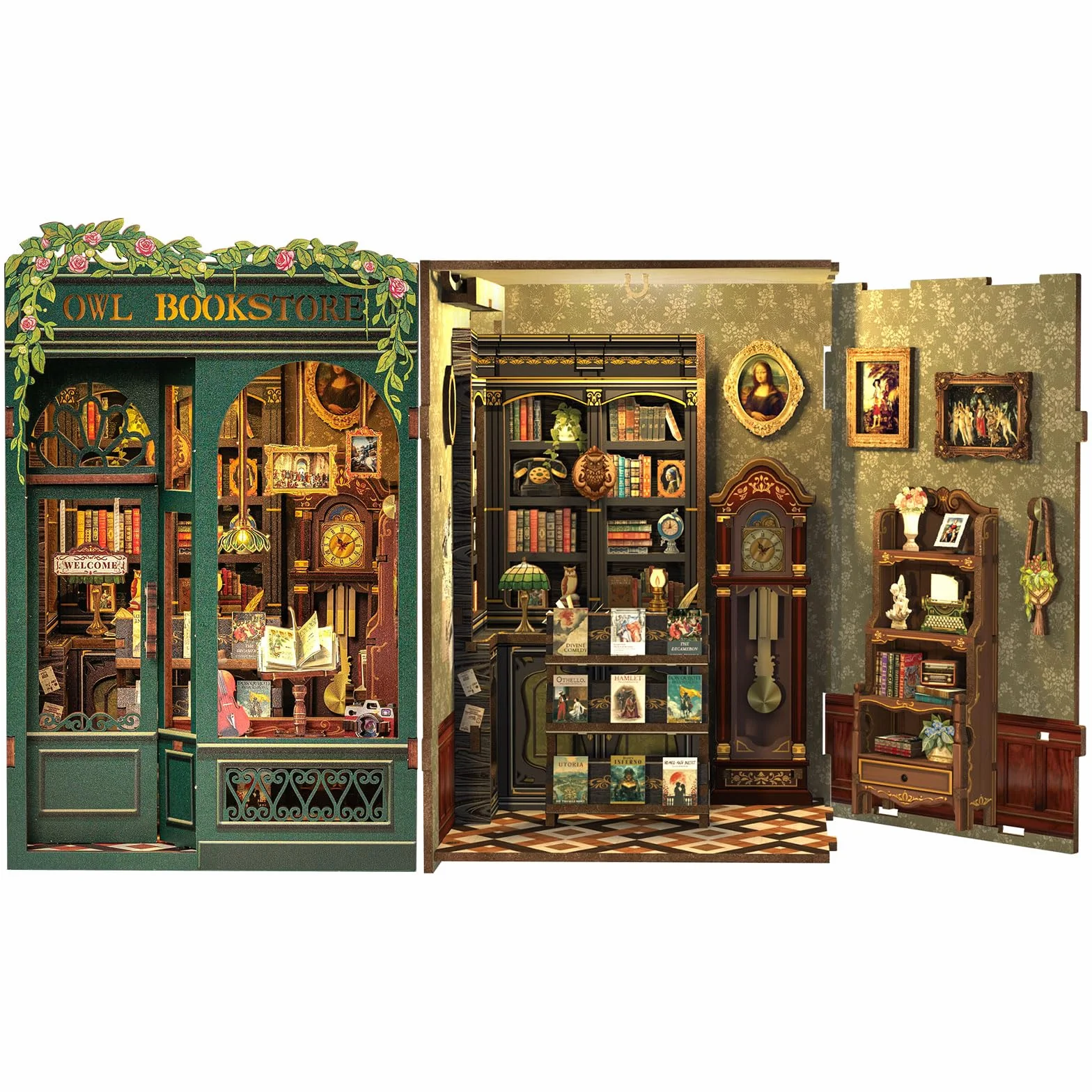 Fsolis Book Nook DIY, domki dla lalek zestaw książek, dekoracja regału na książki, zestawy modelarskie dla dorosłych do budowania, Bardzo popularny kreatywny prezent (Owl Bookstore)