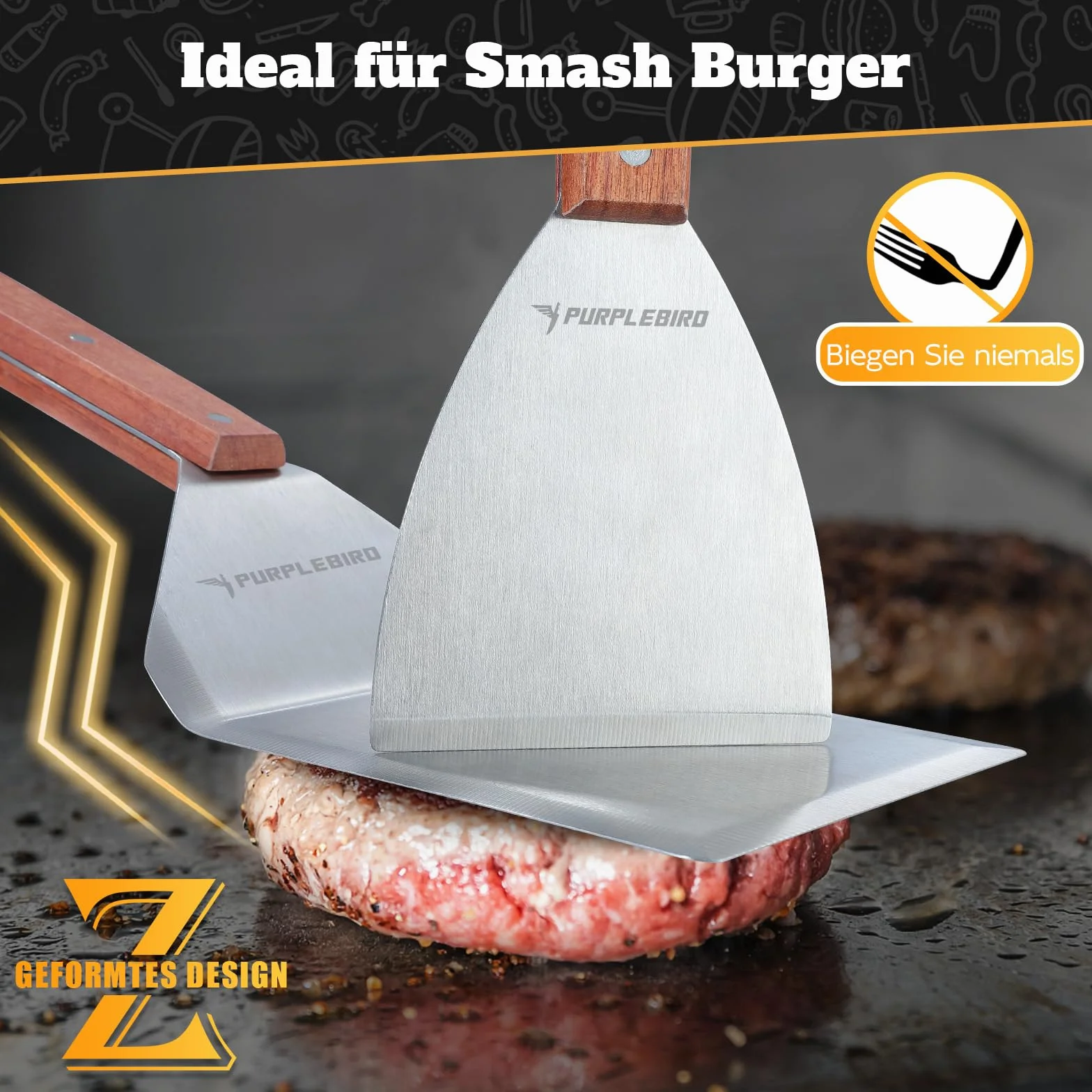 PURPLEBIRD Zestaw szpatułek do grilla ze stali nierdzewnej, zestaw szpatułek Plancha z dużą łopatką do grilla do smash burgerów, grillowania, prezent dla mężczyzn