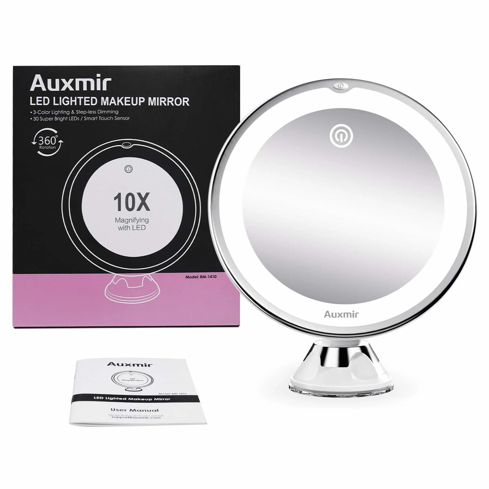 Auxmir Lusterko Kosmetyczne z Podświetleniem LED, 10× Powiększenie, Obracane 360°, 3 Kolory Światła, Przyciemnianie
