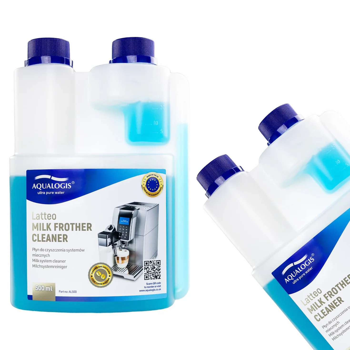 Aqualogis Płynny płyn do czyszczenia pozostałości mleka do ekspresów do kawy, systemów i urządzeń - 500 ml - gospodarstwo domowe, domowe i komercyjne 0,5 l