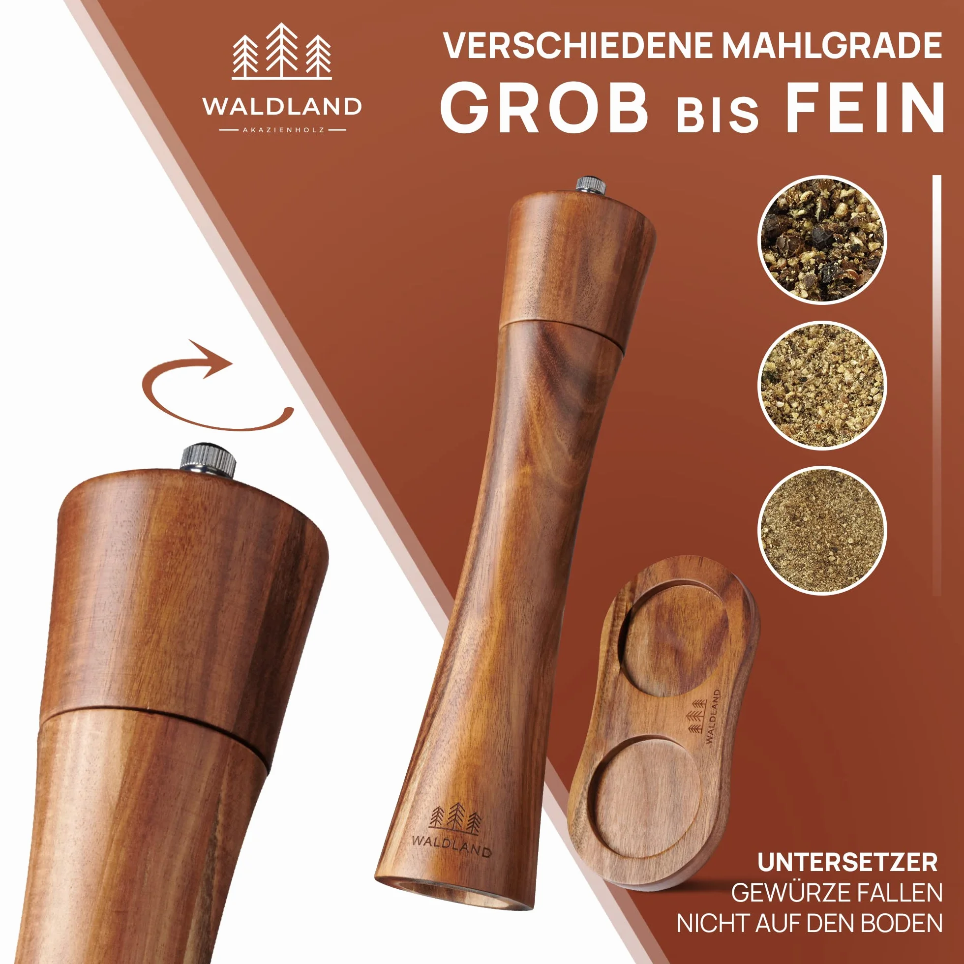 WALDLAND® Młynek do soli i pieprzu z drewna 25,5 cm ceramiczny mechanizm