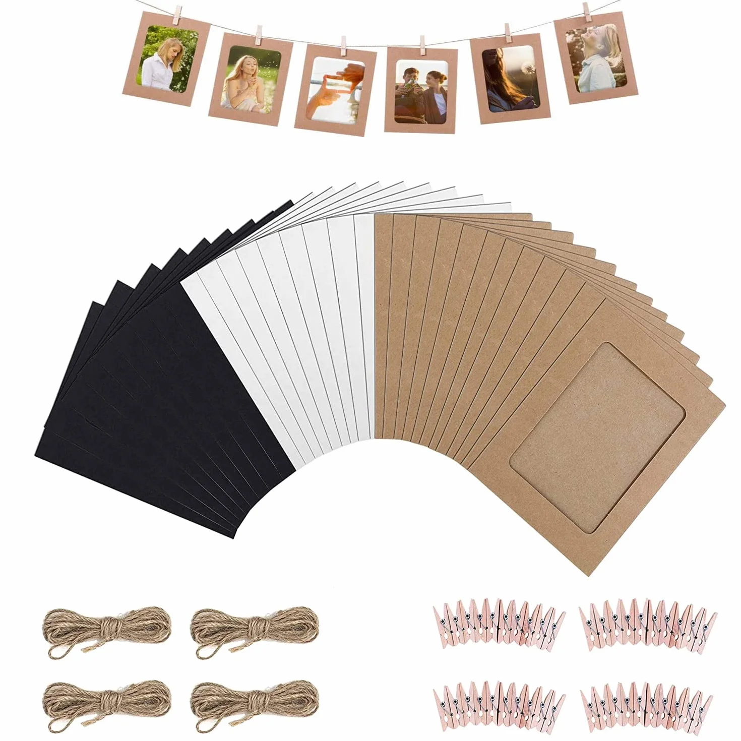 Brązowe papierowe ramki na zdjęcia, 40 sztuk, z papieru typu kraftowego, 11,5 x 15,5 cm, do zawieszenia obrazów, pocztówek z 40 drewnianymi klamerkami i 4 linkami konopnymi, 3 kolory