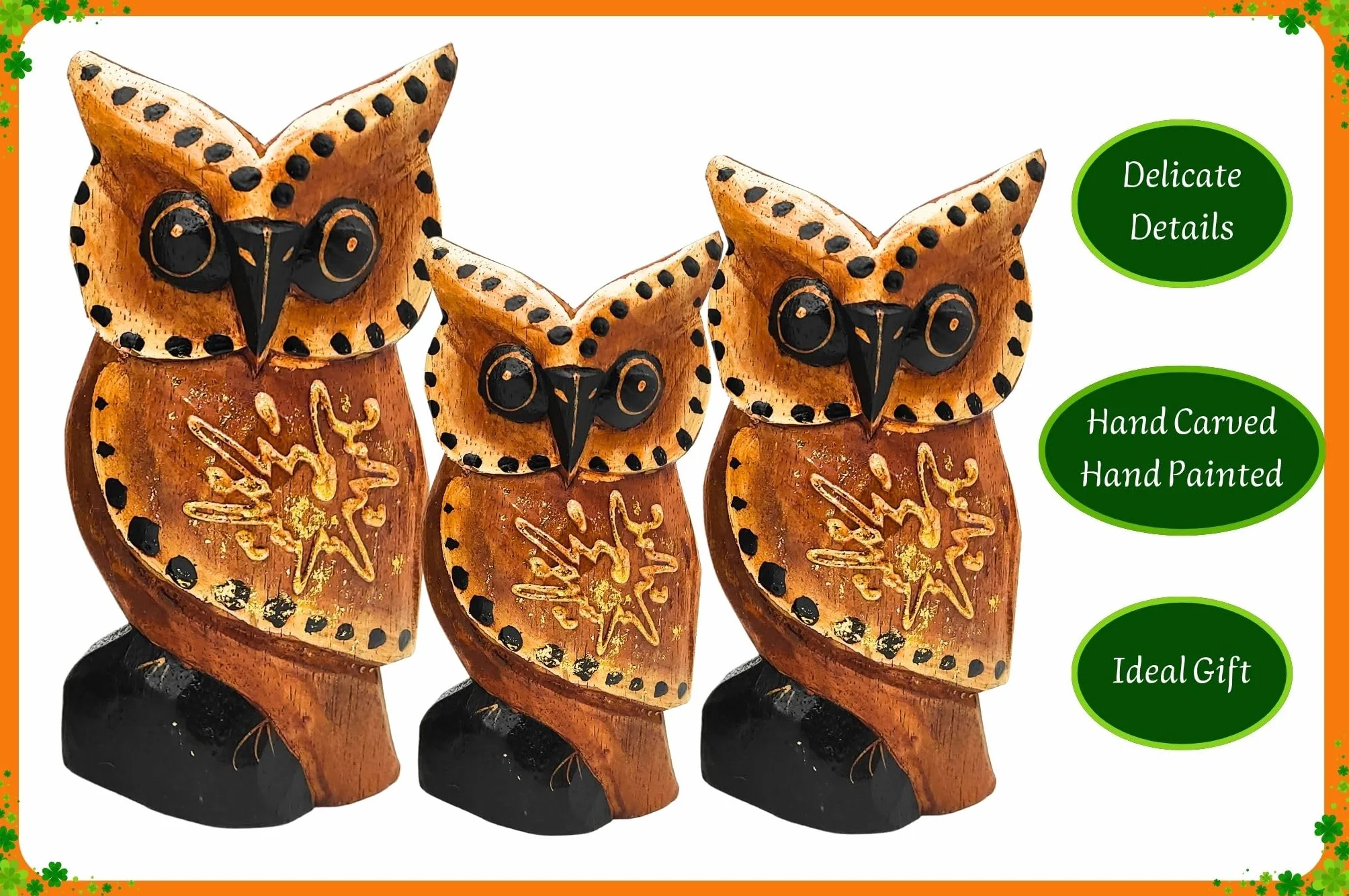 Zestaw 3 figurek zwierzęcych z drewna, sowa, kot, żółw, ryba - dekoracja, ręcznie rzeźbione, rzemiosło artystyczne, ornament do mebli (3 sowy, brązowe skrzydła, z gwiazdą, DR)