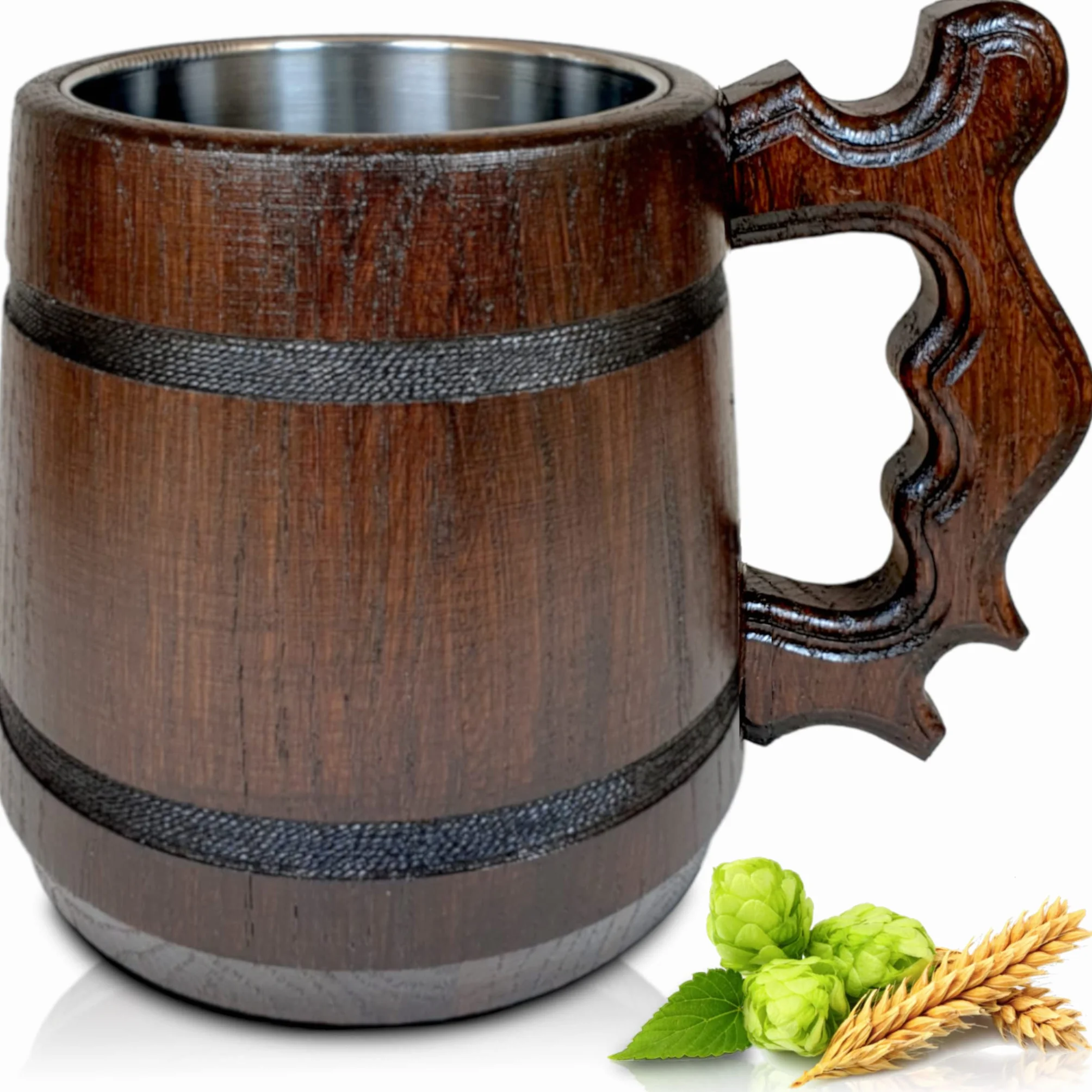 Drewniany Kufel do Piwa 500 ml z Dębu i Stali Nierdzewnej, Duży Kubek na Napoje, Made in UE (Diablo)