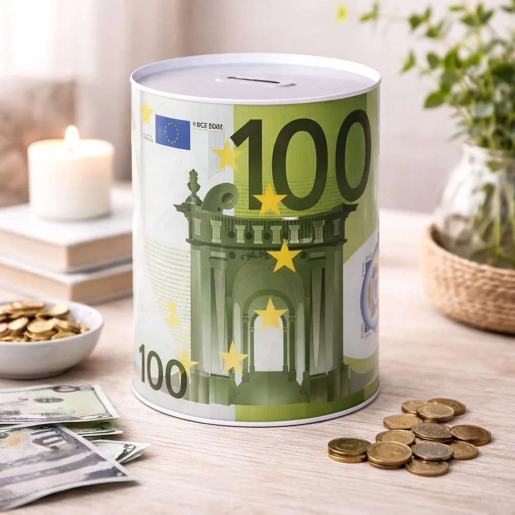 Jumbo skarbonka 100 euro, świnka skarbonka, garnek do oszczędzania banknotów, metalowy, pomysł na prezent, 22 x 15 cm