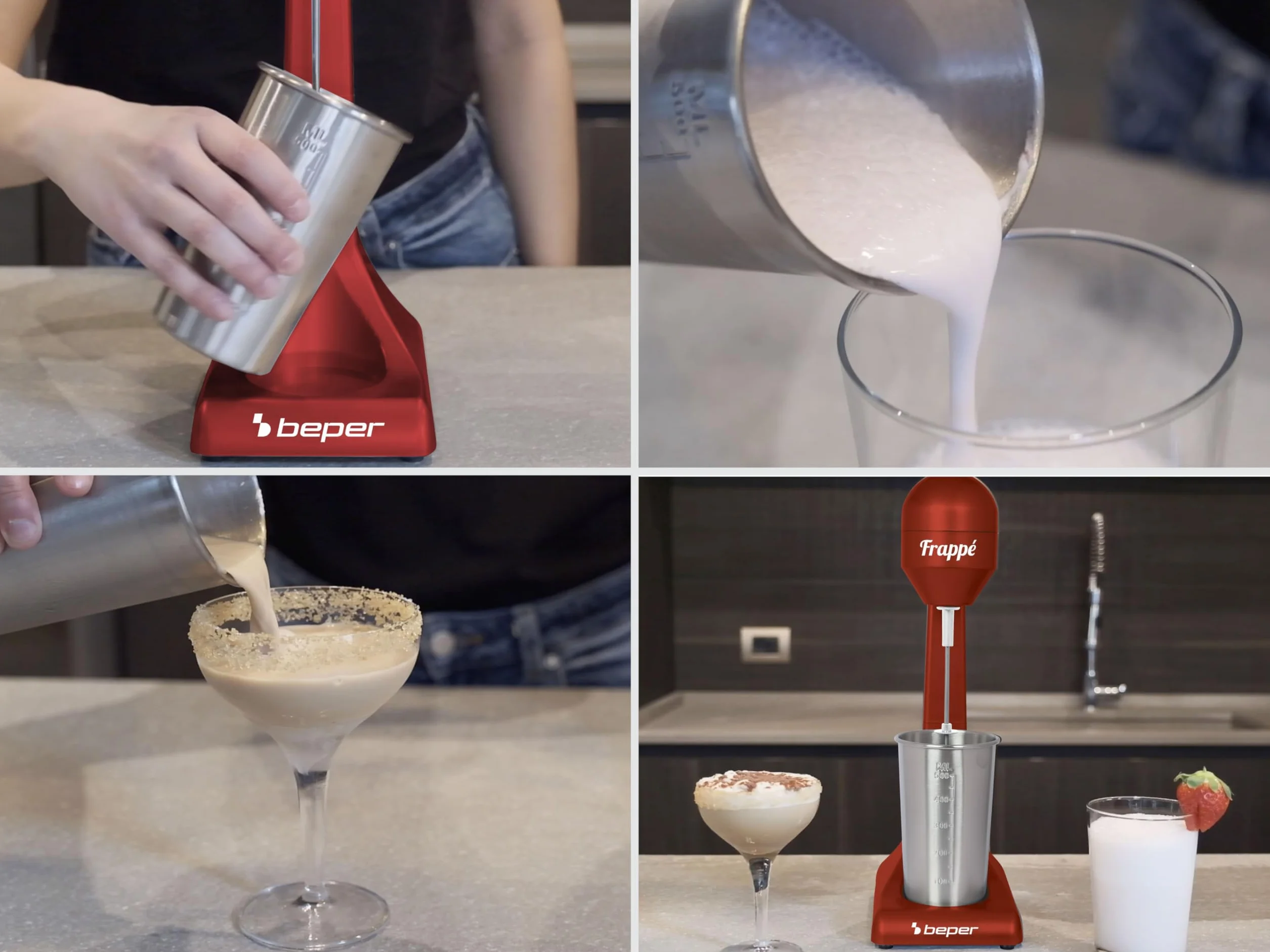 Beper - Elektryczny mikser stojący do koktajli mlecznych, frappé, smoothie i koktajli, 2 tryby, aluminiowy pojemnik 0,5 l, 100 W, srebrny