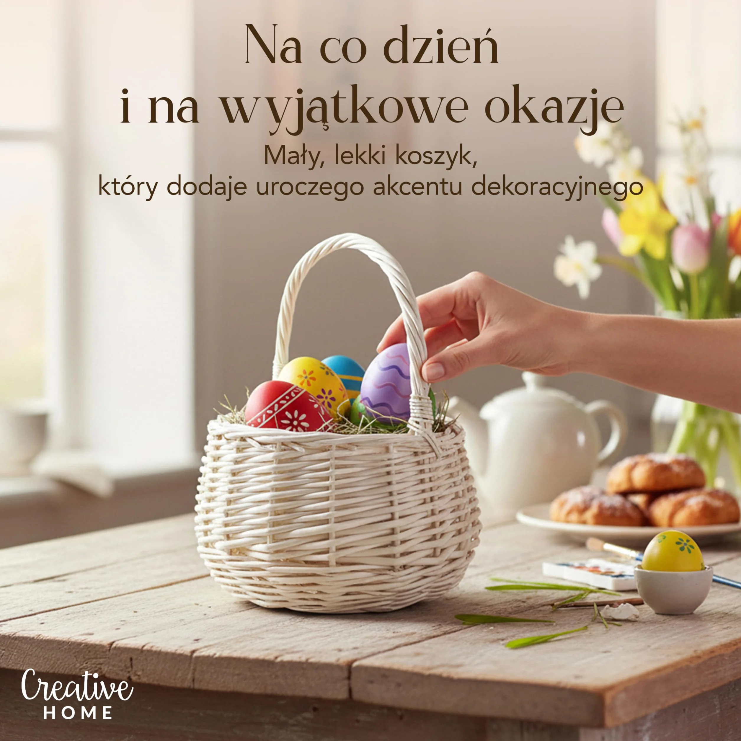 Creative Home Mały Koszyczek Wielkanocny Wiklinowy z Rączką Biały | 16x16x20 cm (+/- 2 cm) | Wielkanoc Święconka Kosz na Prezent Dekoracja | Ręcznie Pleciony | Naturalny Brąz | Uniwersalny i Trwały