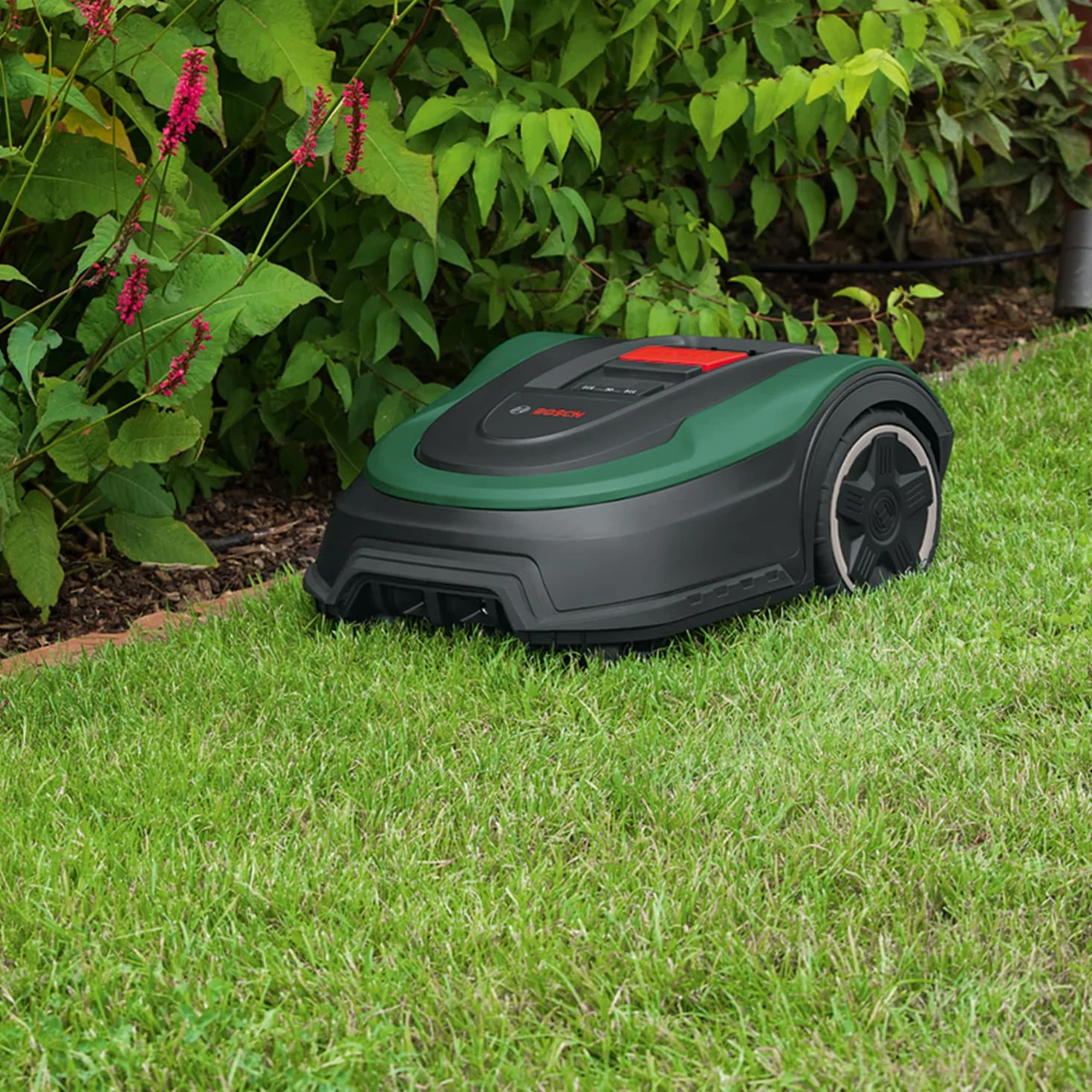 Bosch Home and Garden automatyczna kosiarka trawnikowa Indego S+ 500 (z akum. 18V i funkcją aplikacji, stacja ładująca w zestawie, szer. koszenia 19cm, do trawników o powierzchni do 500m², w kartonie)