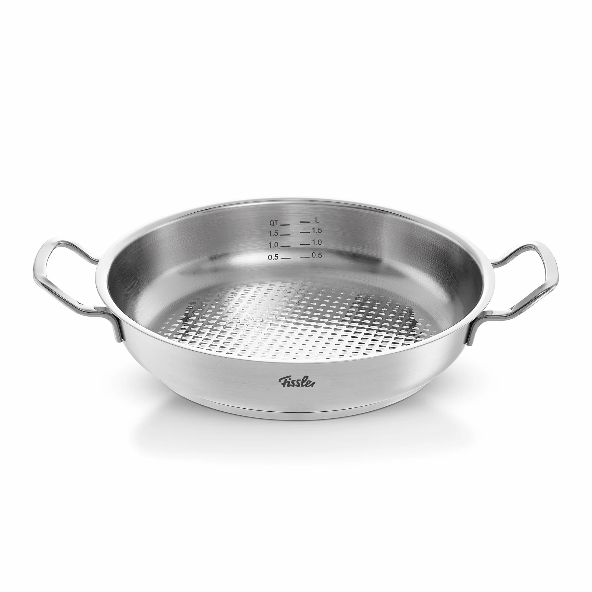 Fissler Original Profi Collection/patelnia do serwowania ze stali nierdzewnej okrągła (2 l, Ø 24 cm) powierzchnia do smażenia, skala wewnętrzna – indukcyjna