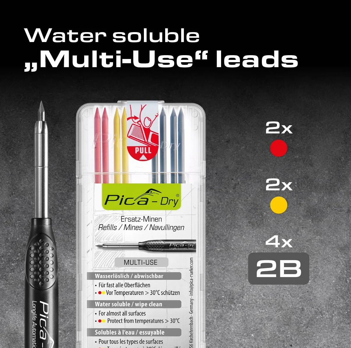 Pica-Dry 30402 Bundle I Zestaw zawierający 3030 Dry Automatic Longlife – marker do głębokich otworów I wraz ze specjalnym zestawem wkładów 4020 I 4x grafit 2B, 2x czerwony, 2x żółty