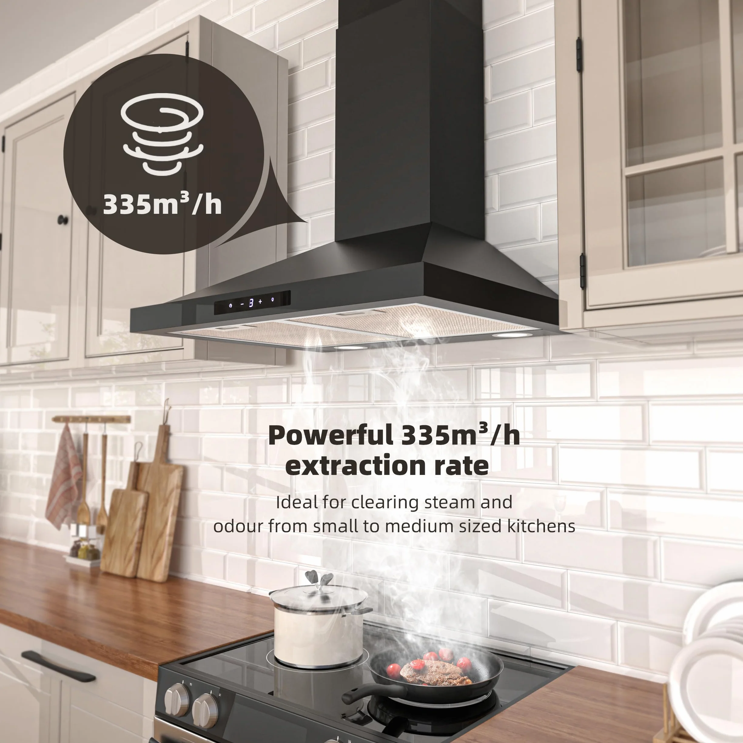 FIREGAS Okap kuchenny 60 cm czarny ze stali nierdzewnej, sterowanie dotykowe LED, 335 m³/h, klasa A