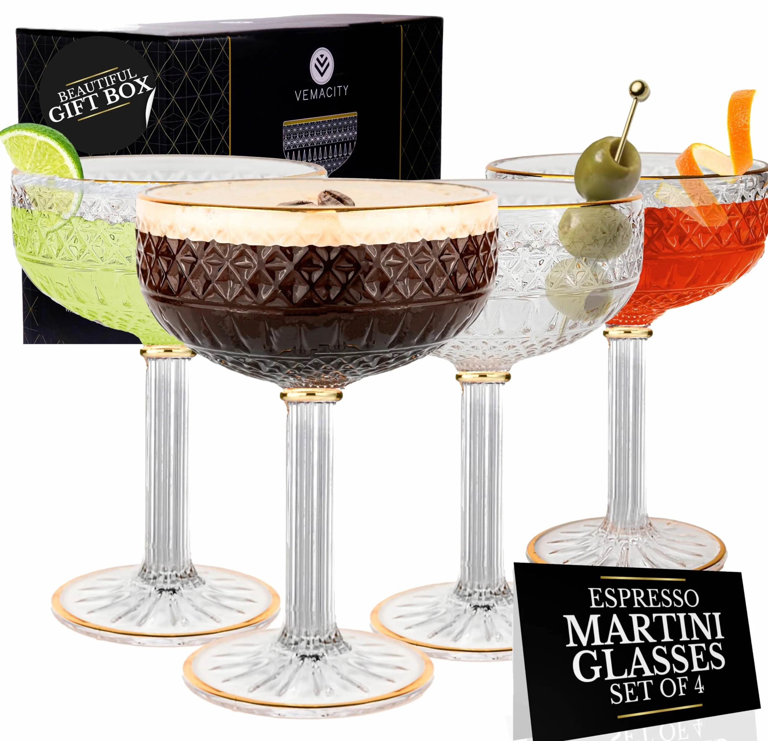 VEMACITY Zestaw 4 kieliszków do espresso Martini ze złotymi felgami, piękne, wzorzyste kieliszki Coupe, zestaw 4 sztuk, uniwersalne kieliszki do szampana, kosmopolitycznego, margarity, coupe martini.