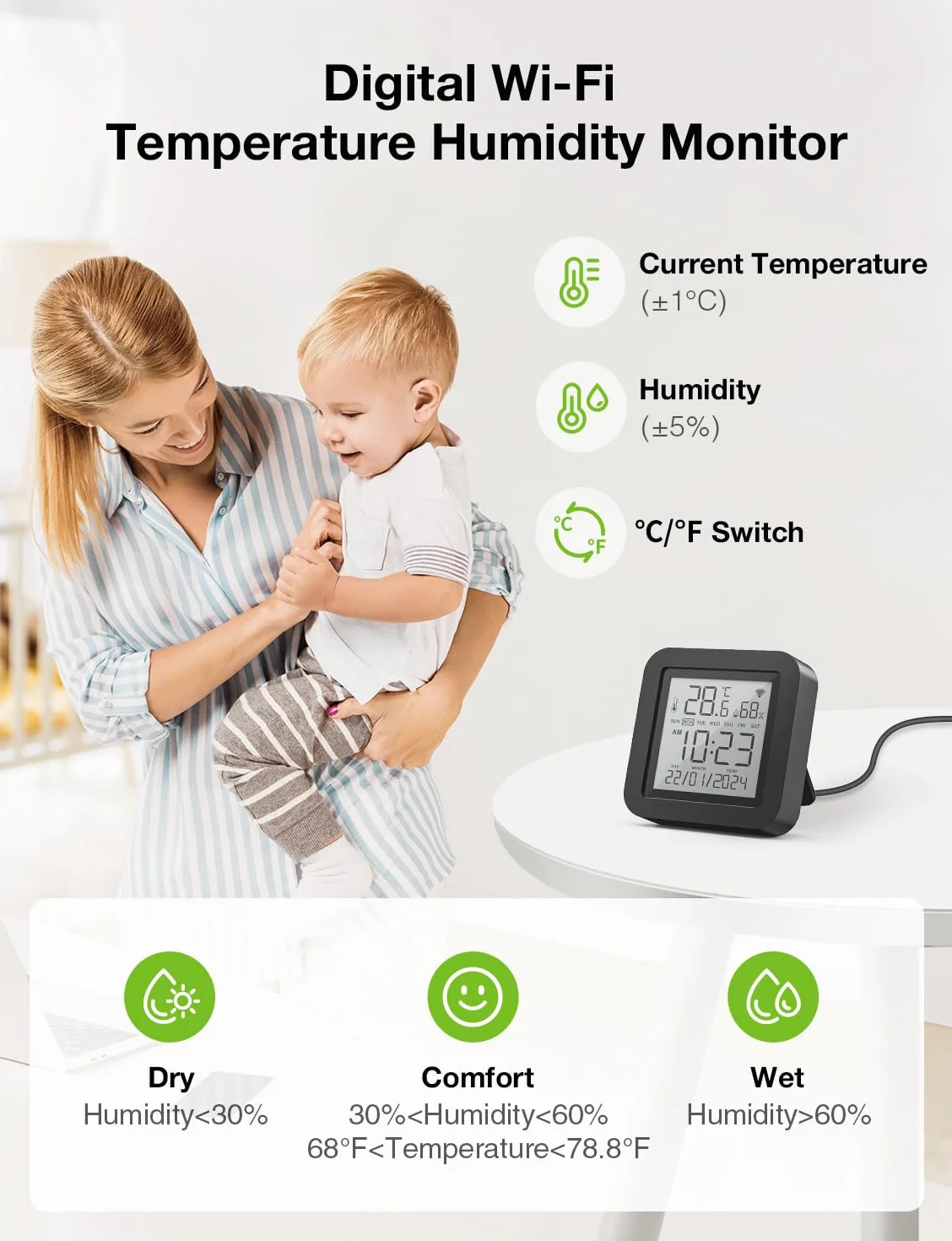 GHome Smart Termometr z higrometrem Wi-Fi, higrometr, pilot zdalnego sterowania z IR, połączenie z siecią Wi-Fi (2,4 GHz), kompatybilny z Alexa i Google, do użytku w domach, piwnicach i szklarniach, 1
