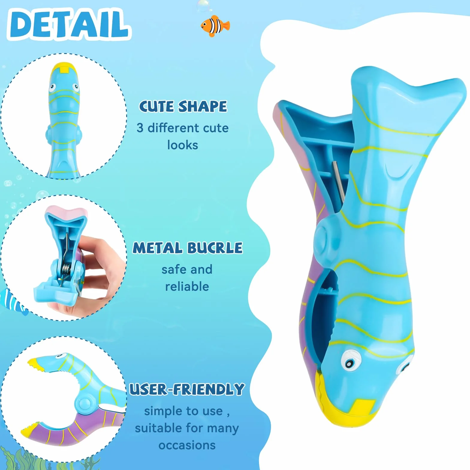 Spinacze do ręczników, 6 sztuk klamerek na ręczniki z motywem ryby, do leżaków plażowych, z tworzywa sztucznego