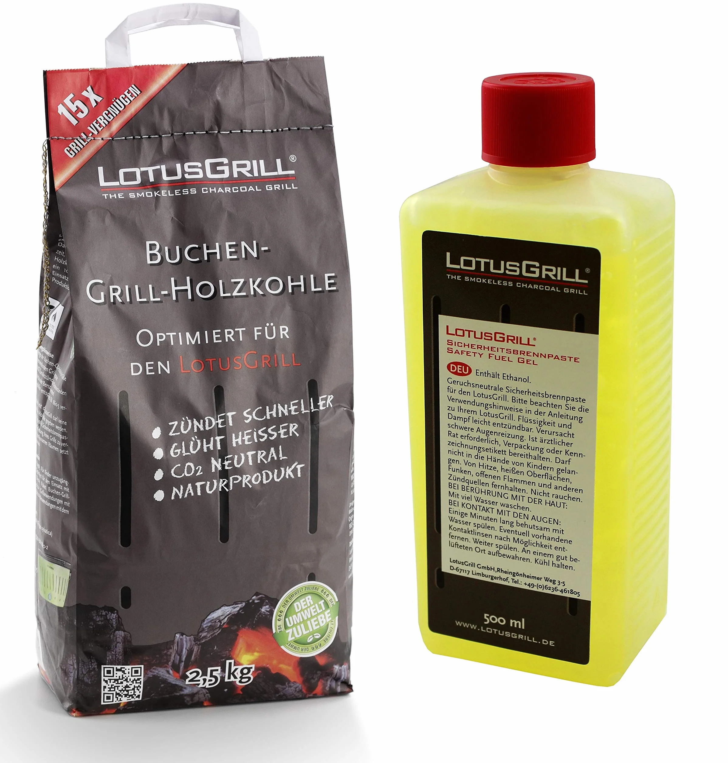 LotusGrill Węgiel bukowy 2,5 kg, pasta opałowa 500 ml, oba do bezdymnego grillowania, w zestawie LotusGrill